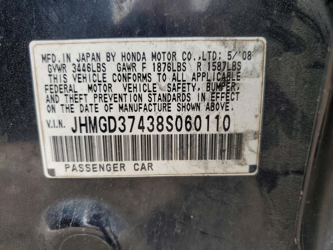 2008 Honda Fit Black vin: JHMGD37438S060110