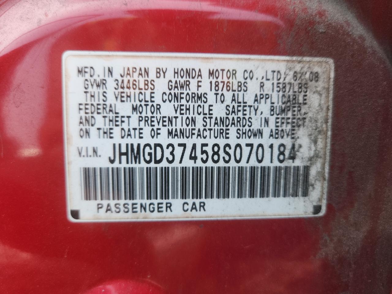 2008 Honda Fit Красный vin: JHMGD37458S070184