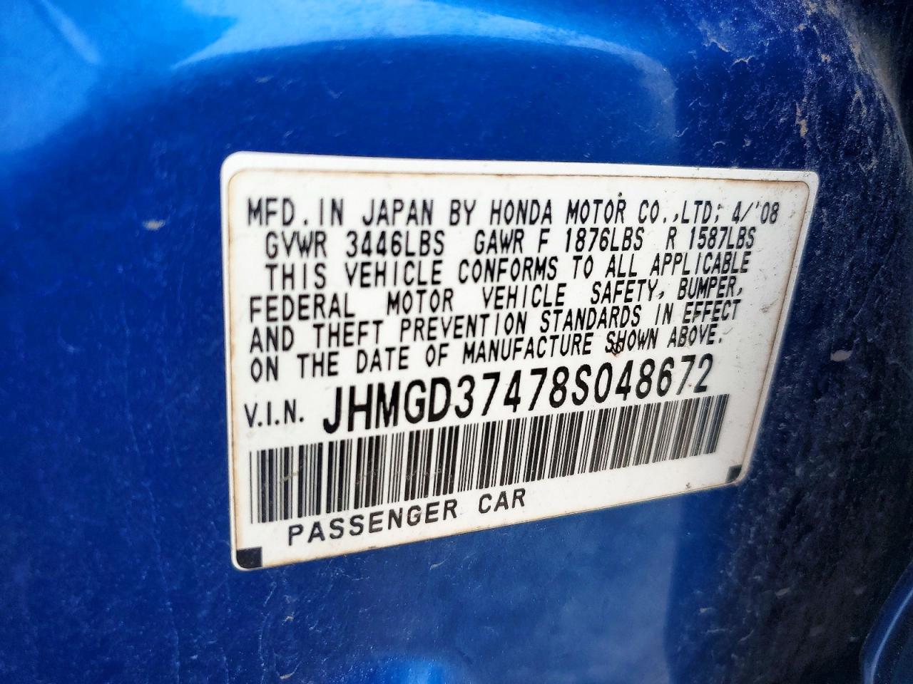2008 Honda Fit Blue vin: JHMGD37478S048672