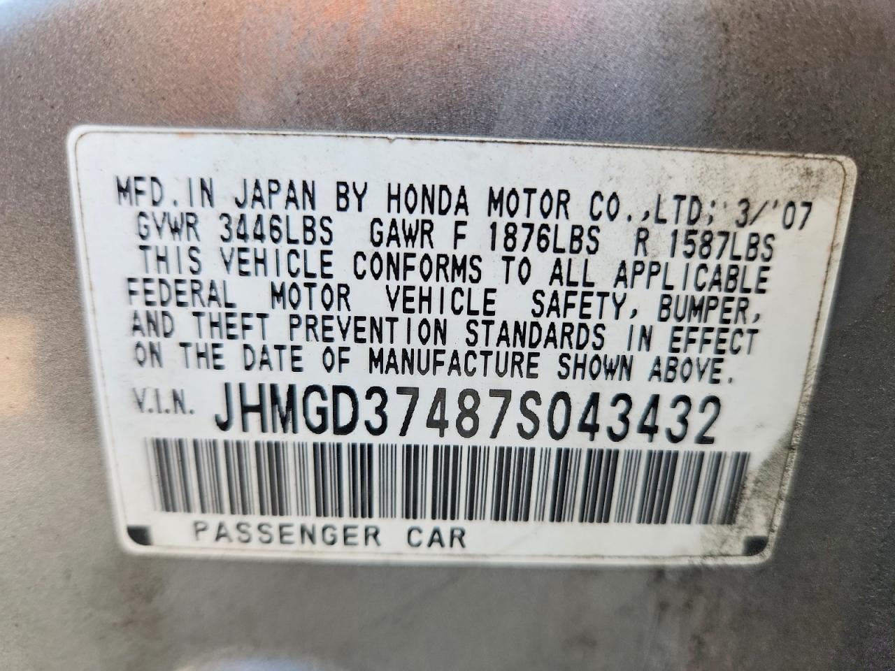 2007 Honda Fit Silver vin: JHMGD37487S043432