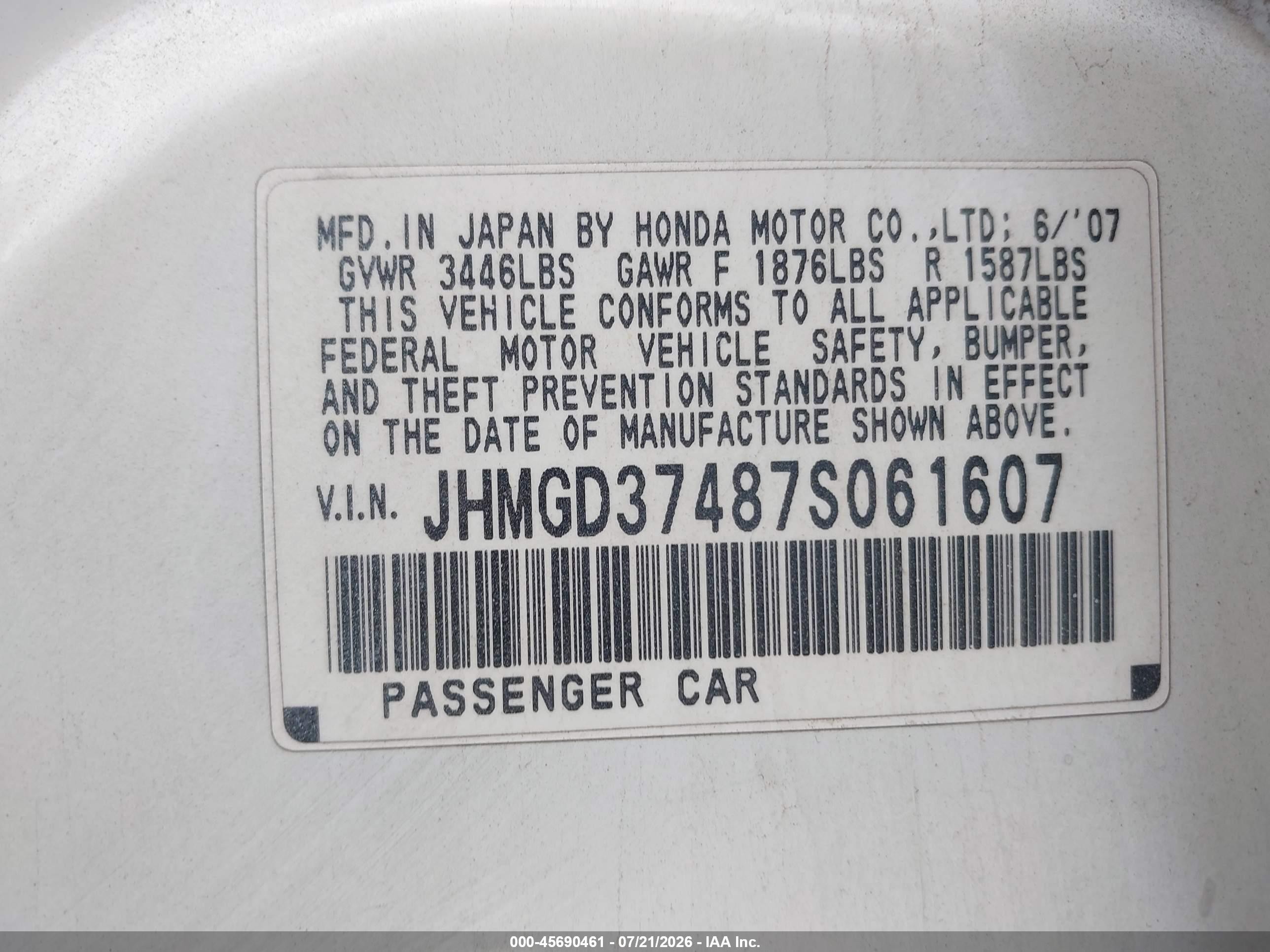 2007 Honda Fit   White vin: JHMGD37487S061607