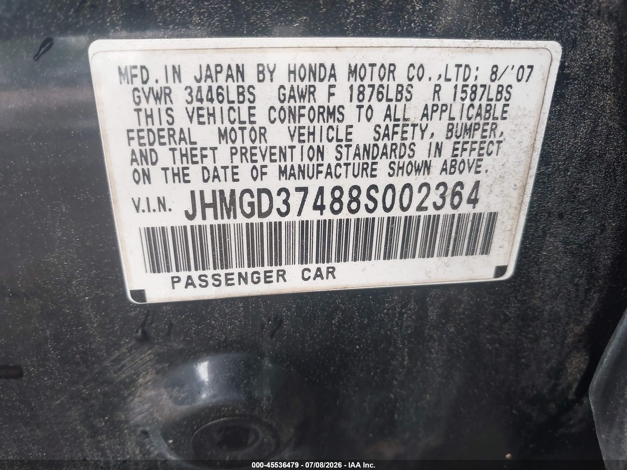 2008 Honda Fit   Black vin: JHMGD37488S002364
