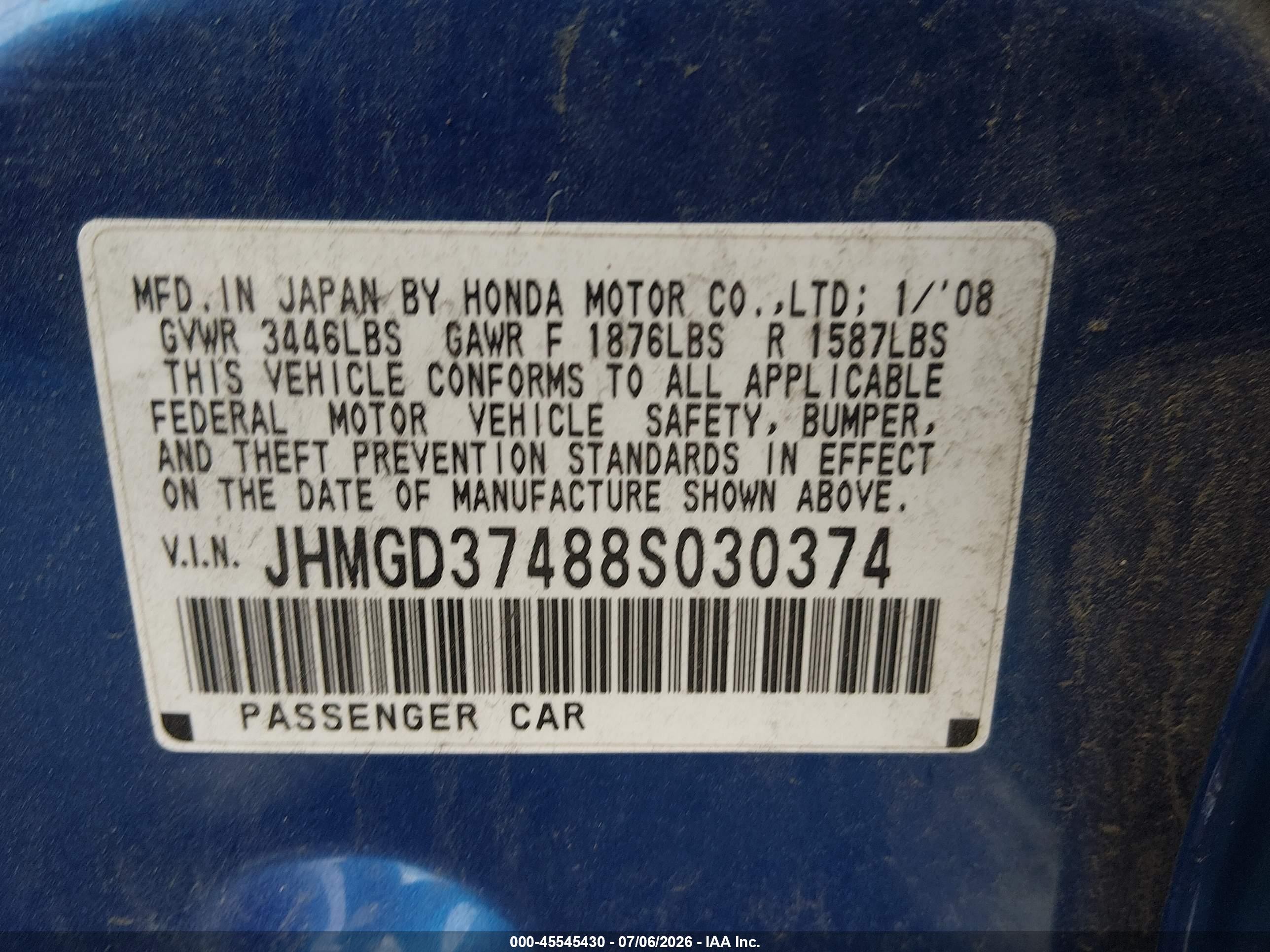 2008 Honda Fit   Blue vin: JHMGD37488S030374