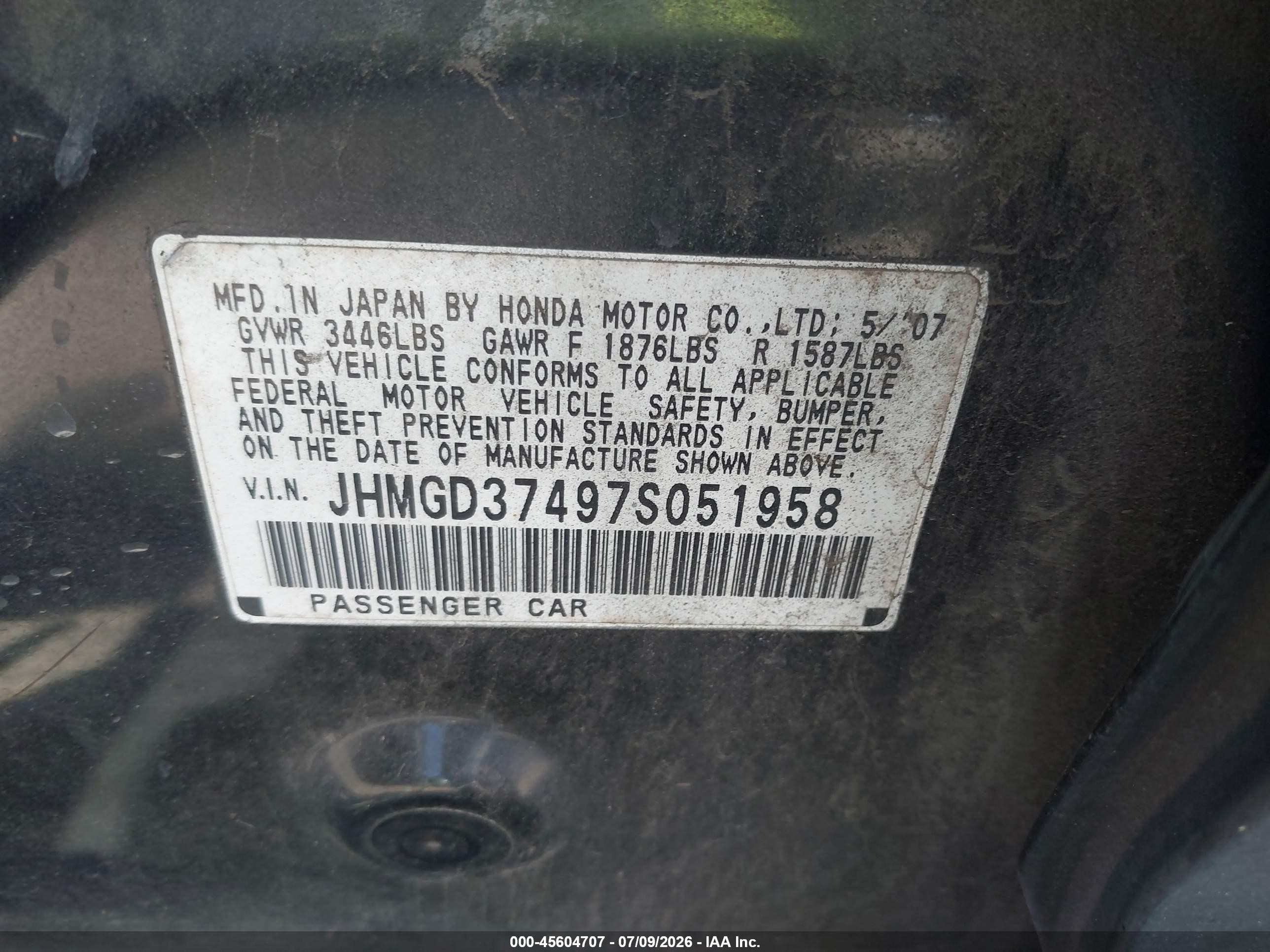 2007 Honda Fit   Black vin: JHMGD37497S051958
