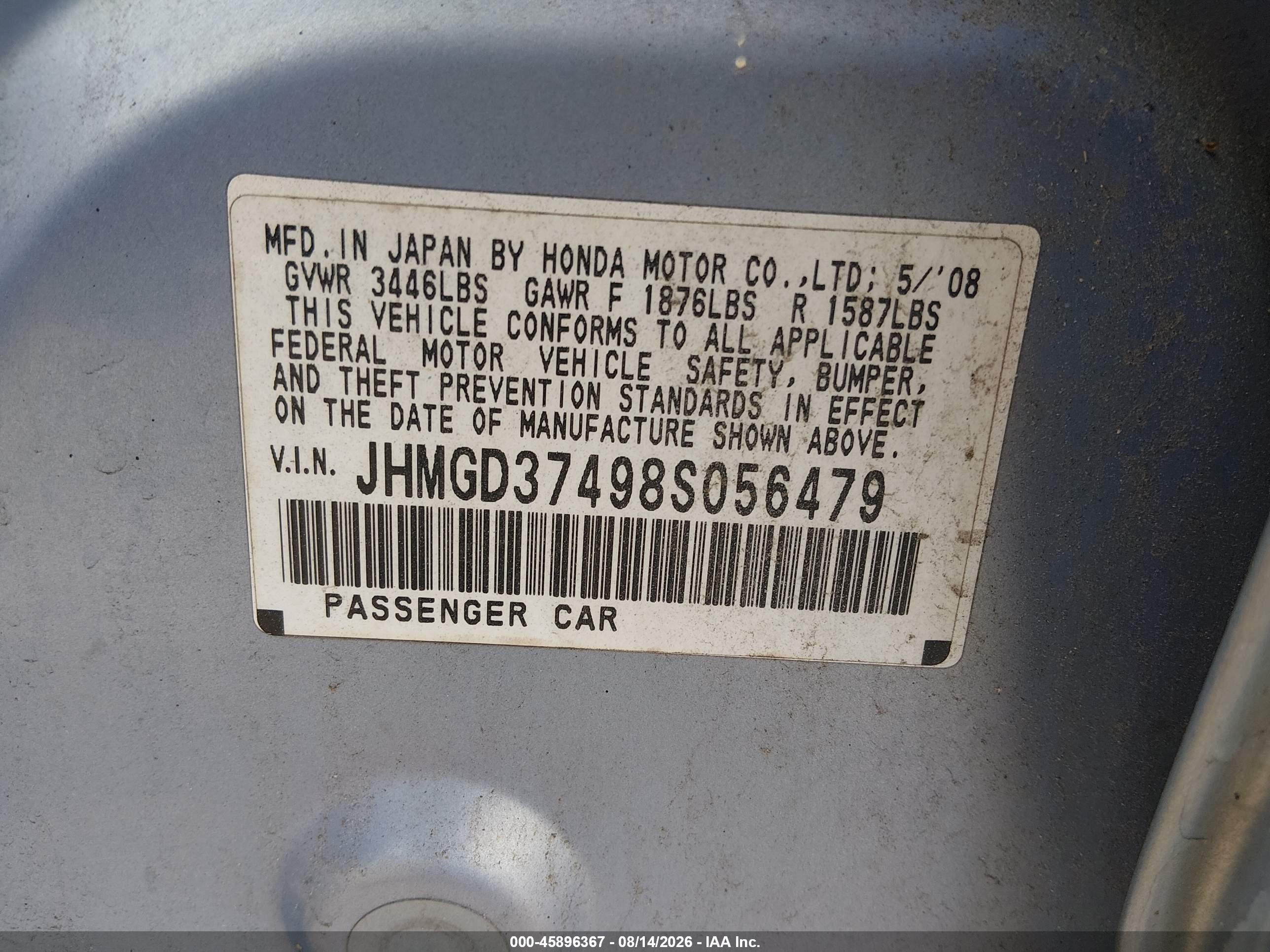 2008 Honda Fit   Light Blue vin: JHMGD37498S056479
