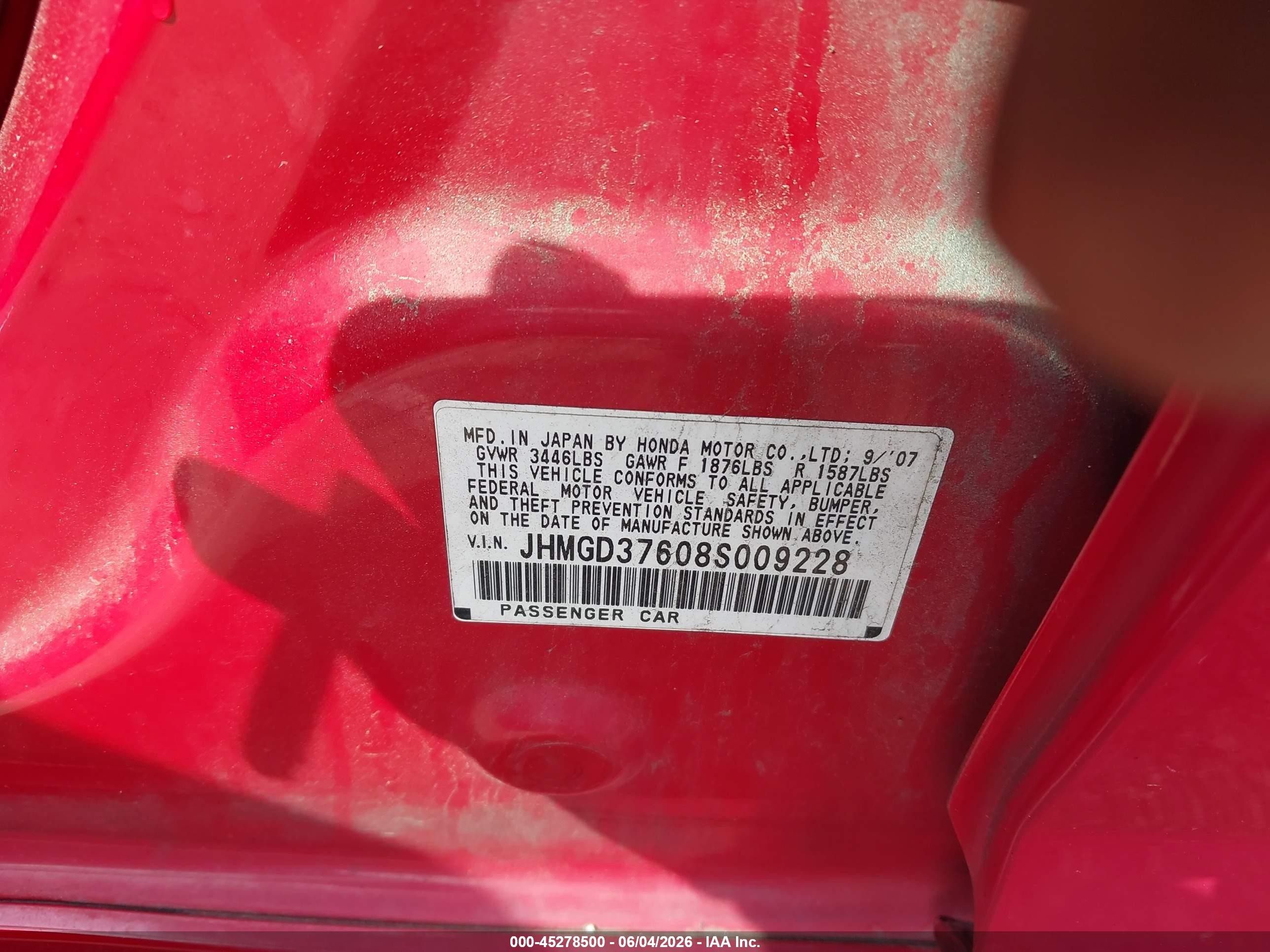 2008 Honda Fit Sport Red vin: JHMGD37608S009228