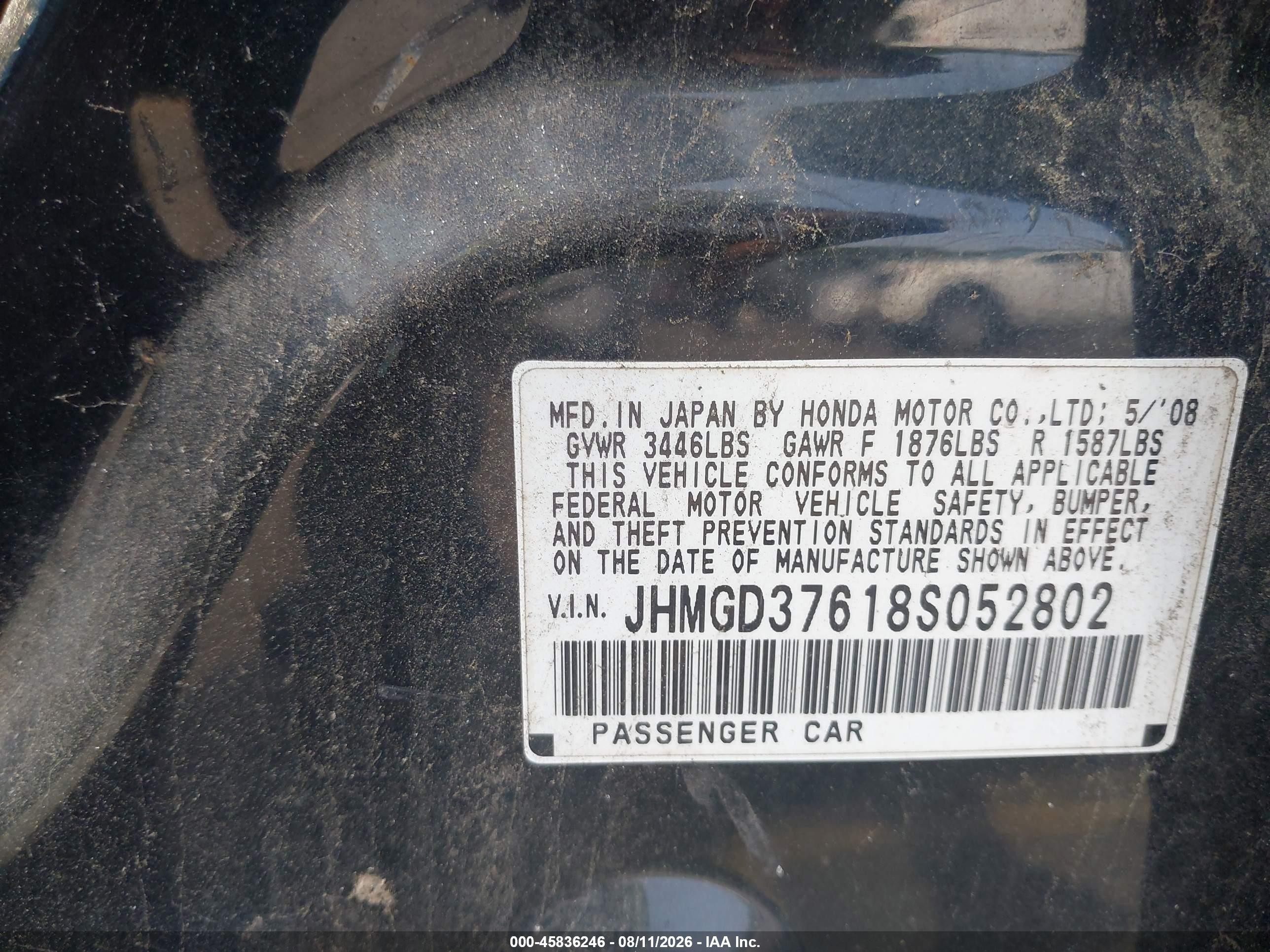 2008 Honda Fit Sport Black vin: JHMGD37618S052802