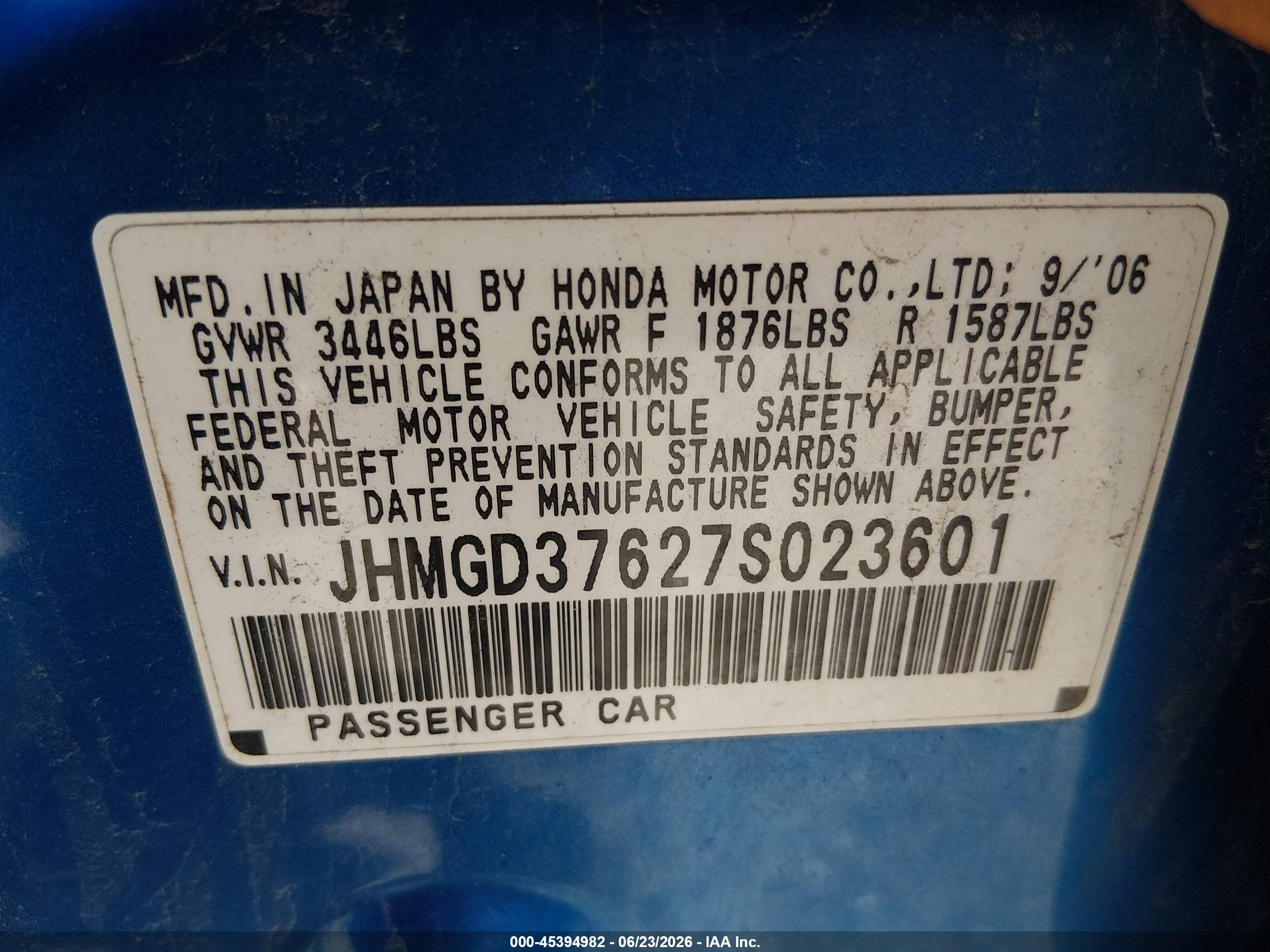 2007 Honda Fit Sport Blue vin: JHMGD37627S023601
