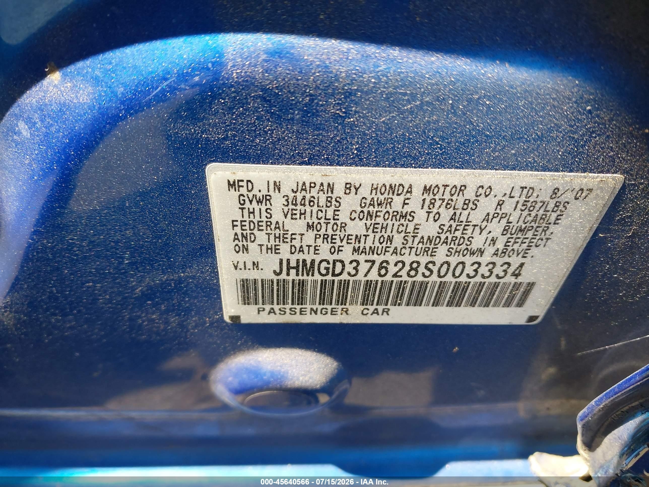 2008 Honda Fit Sport Blue vin: JHMGD37628S003334