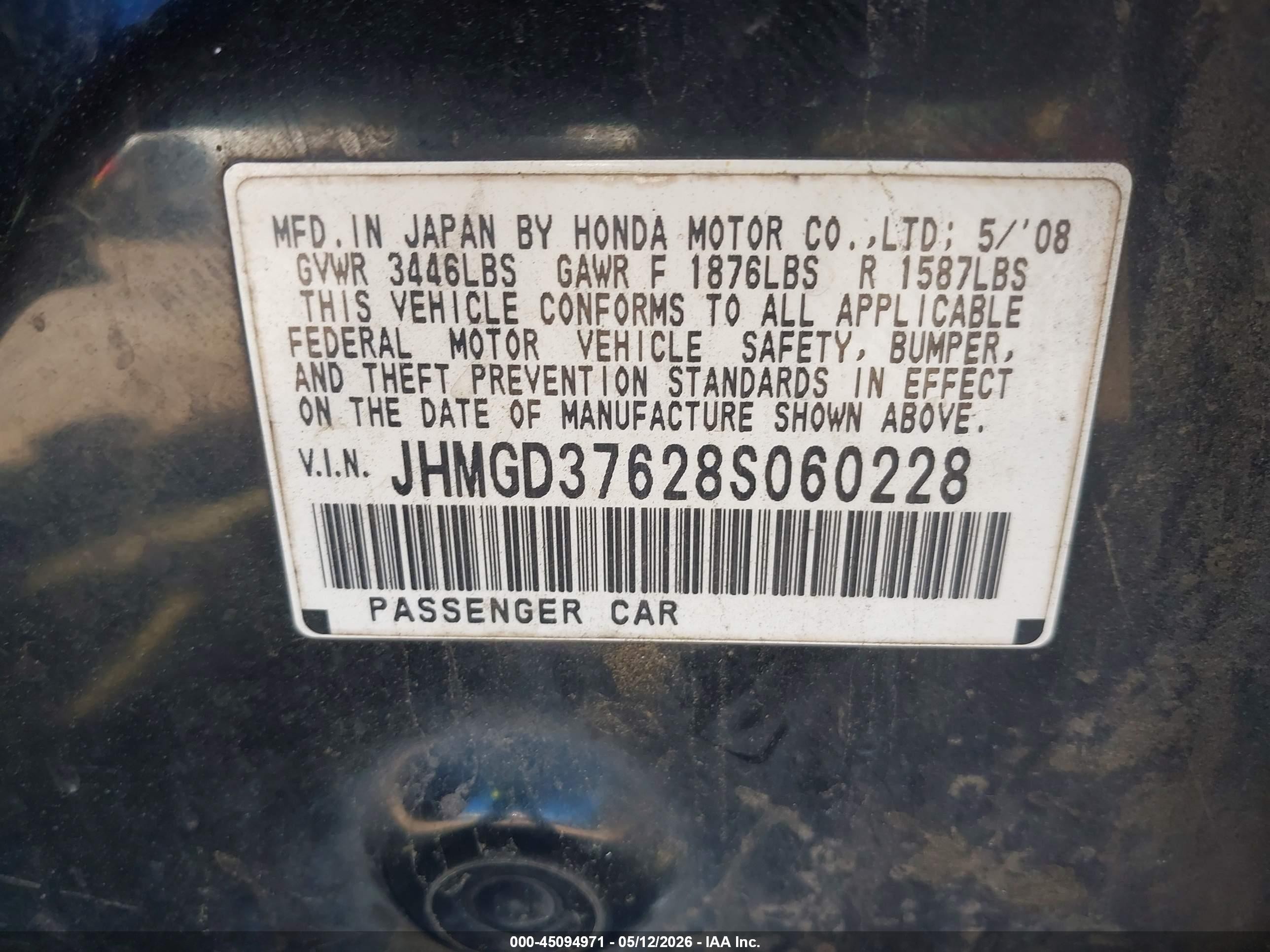 2008 Honda Fit Sport Black vin: JHMGD37628S060228