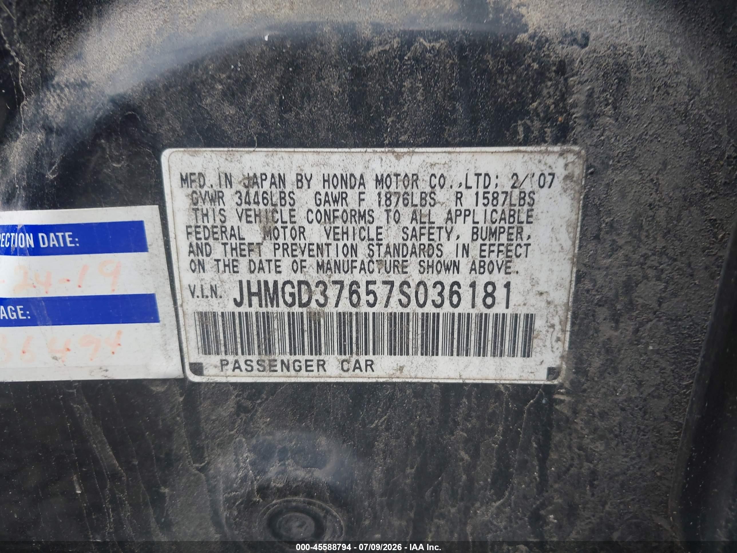 2007 Honda Fit Sport Черный vin: JHMGD37657S036181