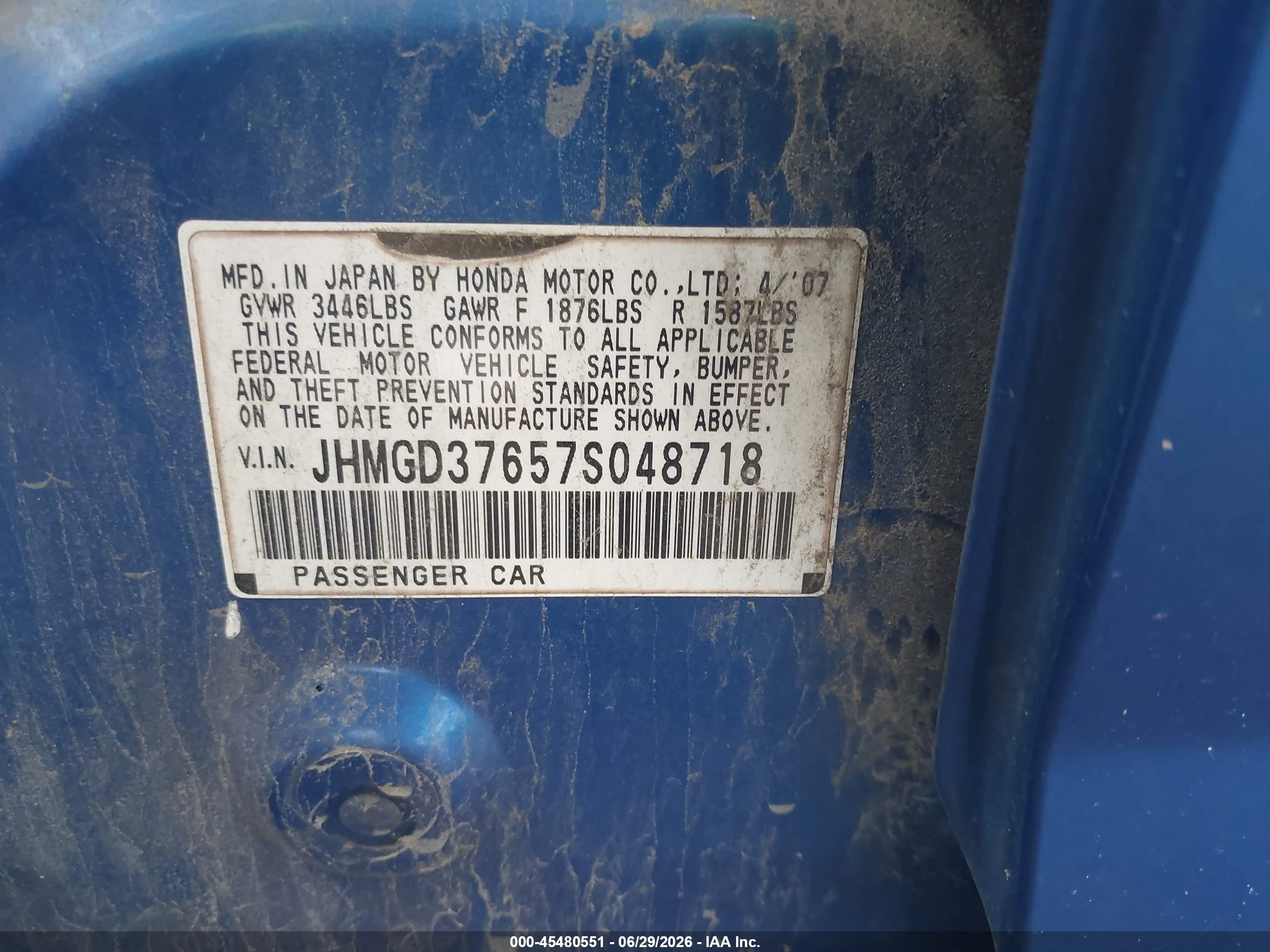 2007 Honda Fit Sport Blue vin: JHMGD37657S048718
