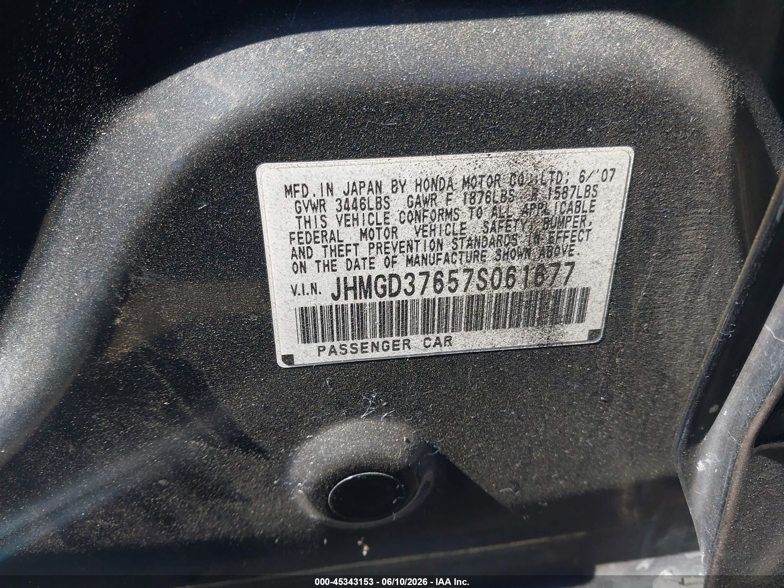 2007 Honda Fit Sport Black vin: JHMGD37657S061677