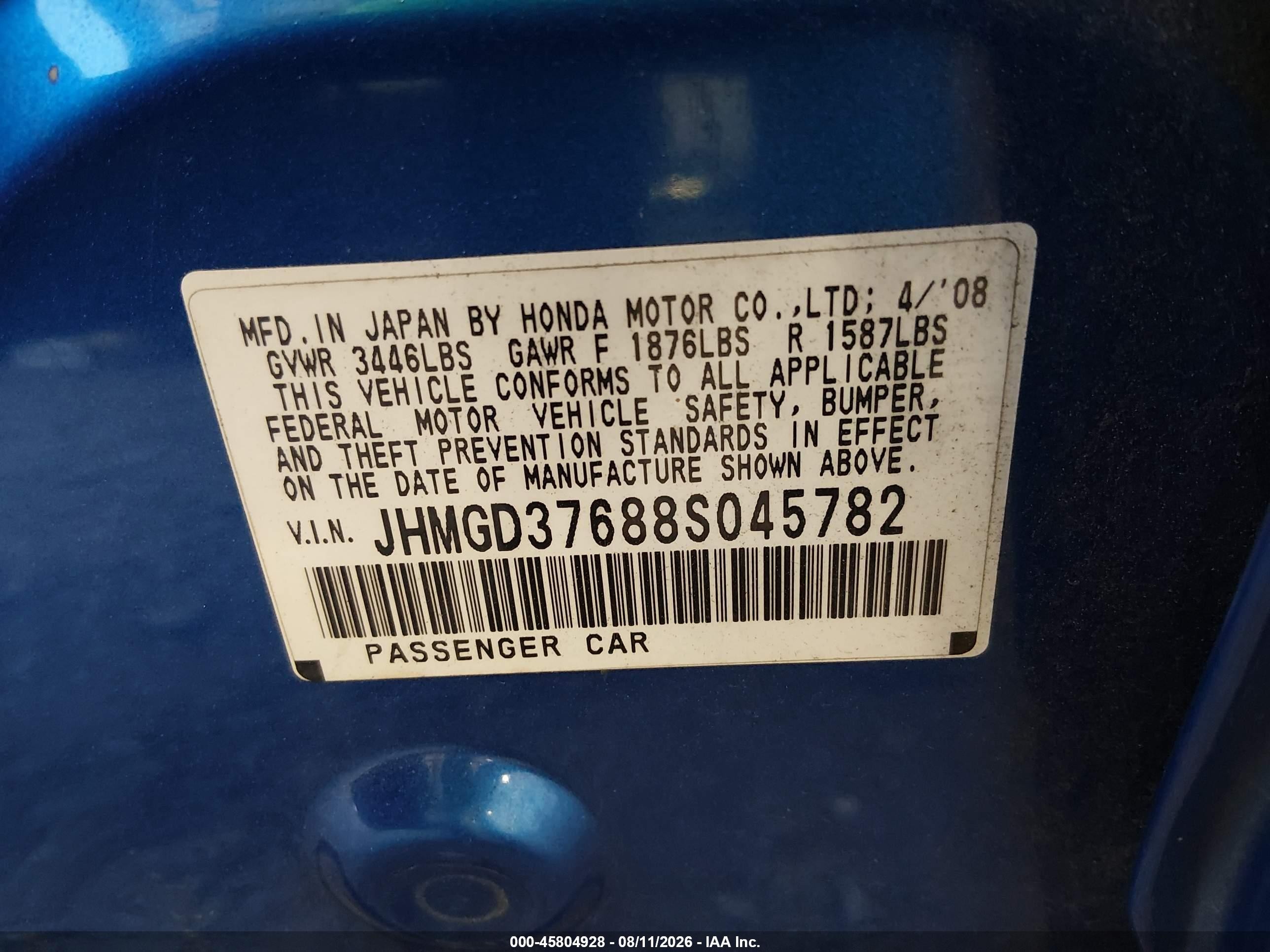 2008 Honda Fit Sport Синий vin: JHMGD37688S045782