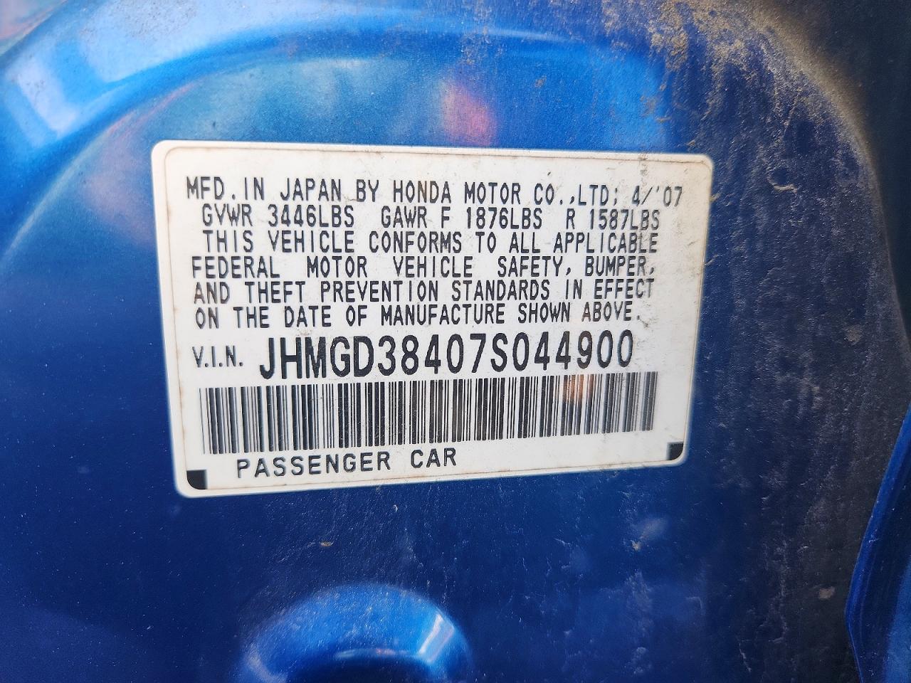 2007 Honda Fit Blue vin: JHMGD38407S044900