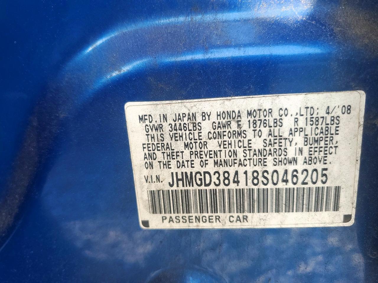 2008 Honda Fit Blue vin: JHMGD38418S046205