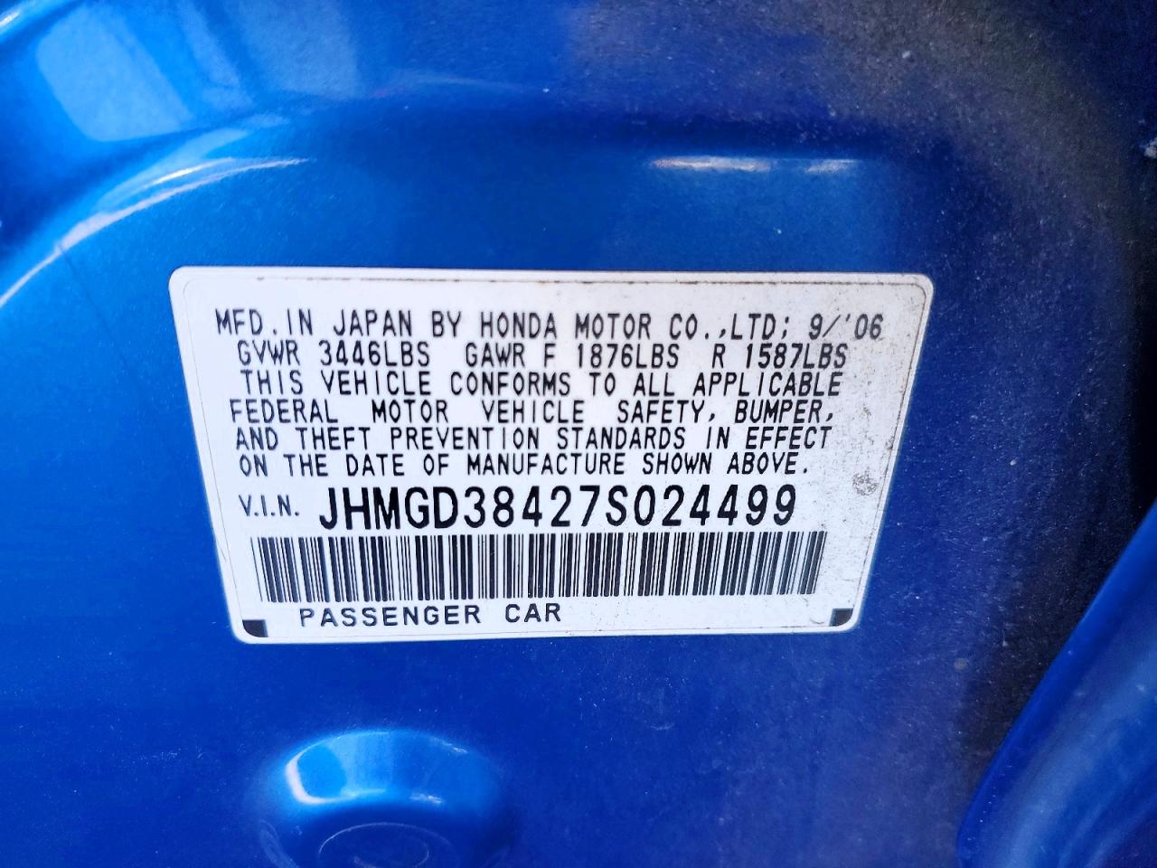 2007 Honda Fit Blue vin: JHMGD38427S024499