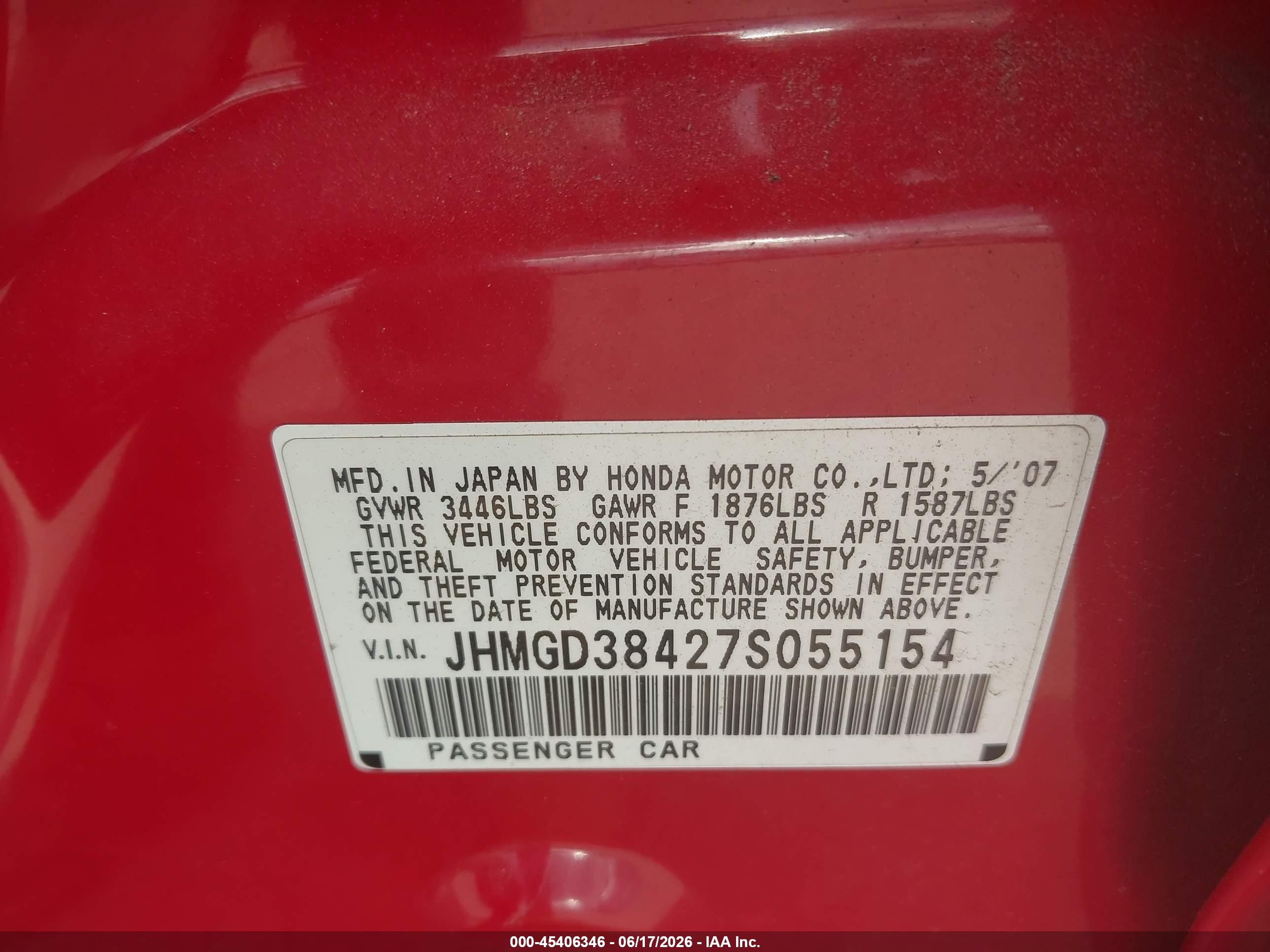 2007 Honda Fit   Red vin: JHMGD38427S055154
