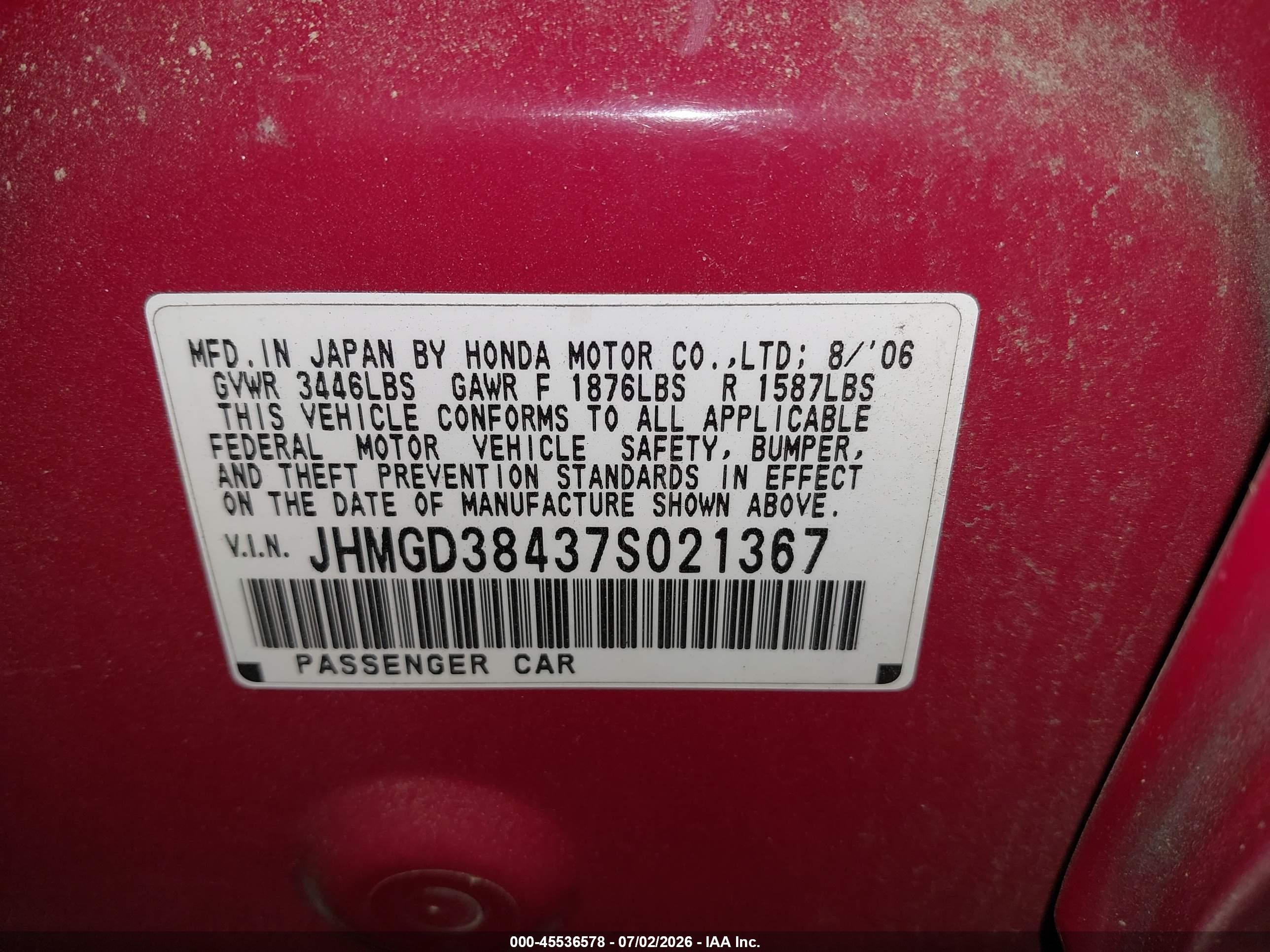 2007 Honda Fit   Red vin: JHMGD38437S021367