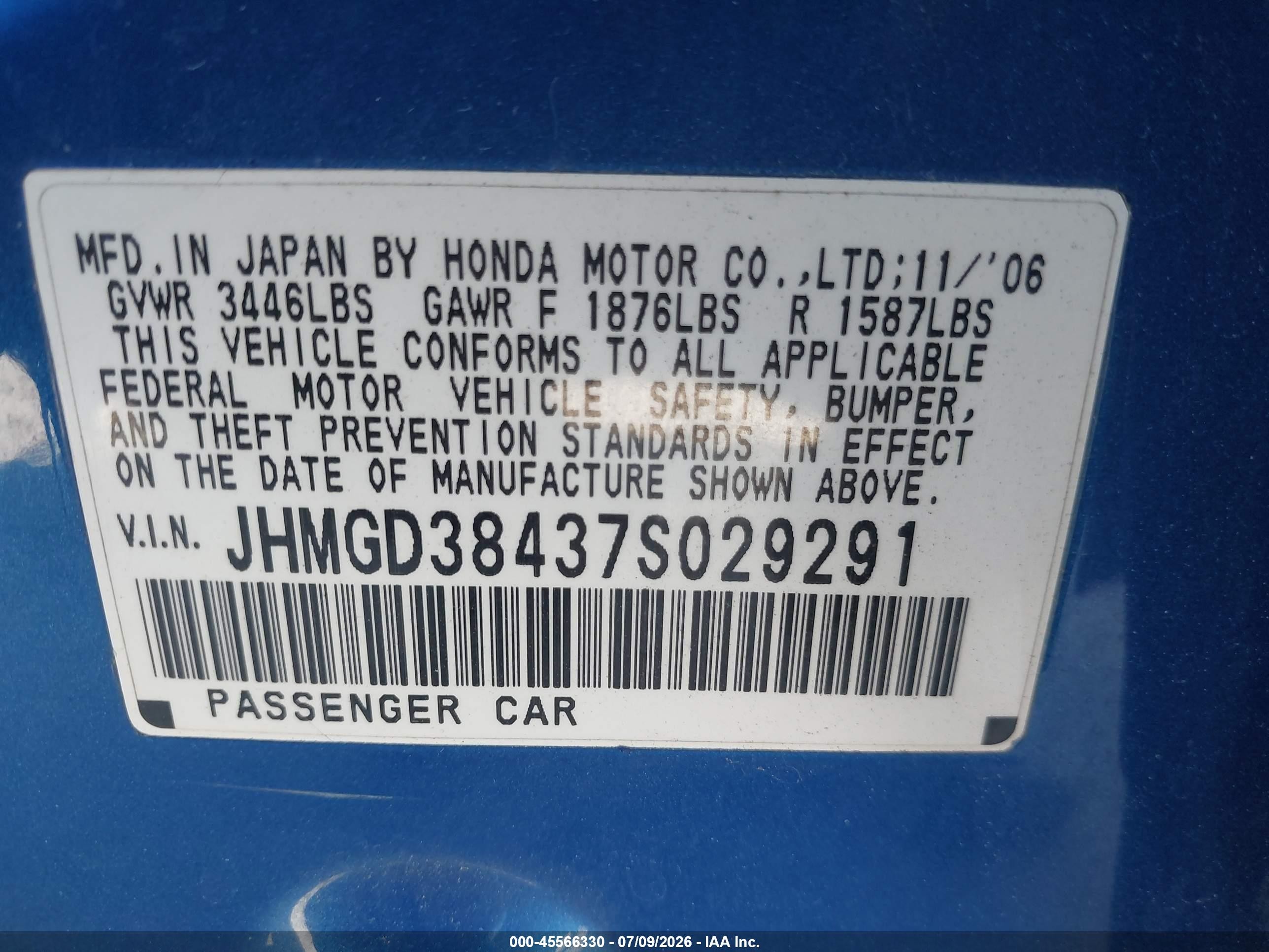 2007 Honda Fit   Blue vin: JHMGD38437S029291