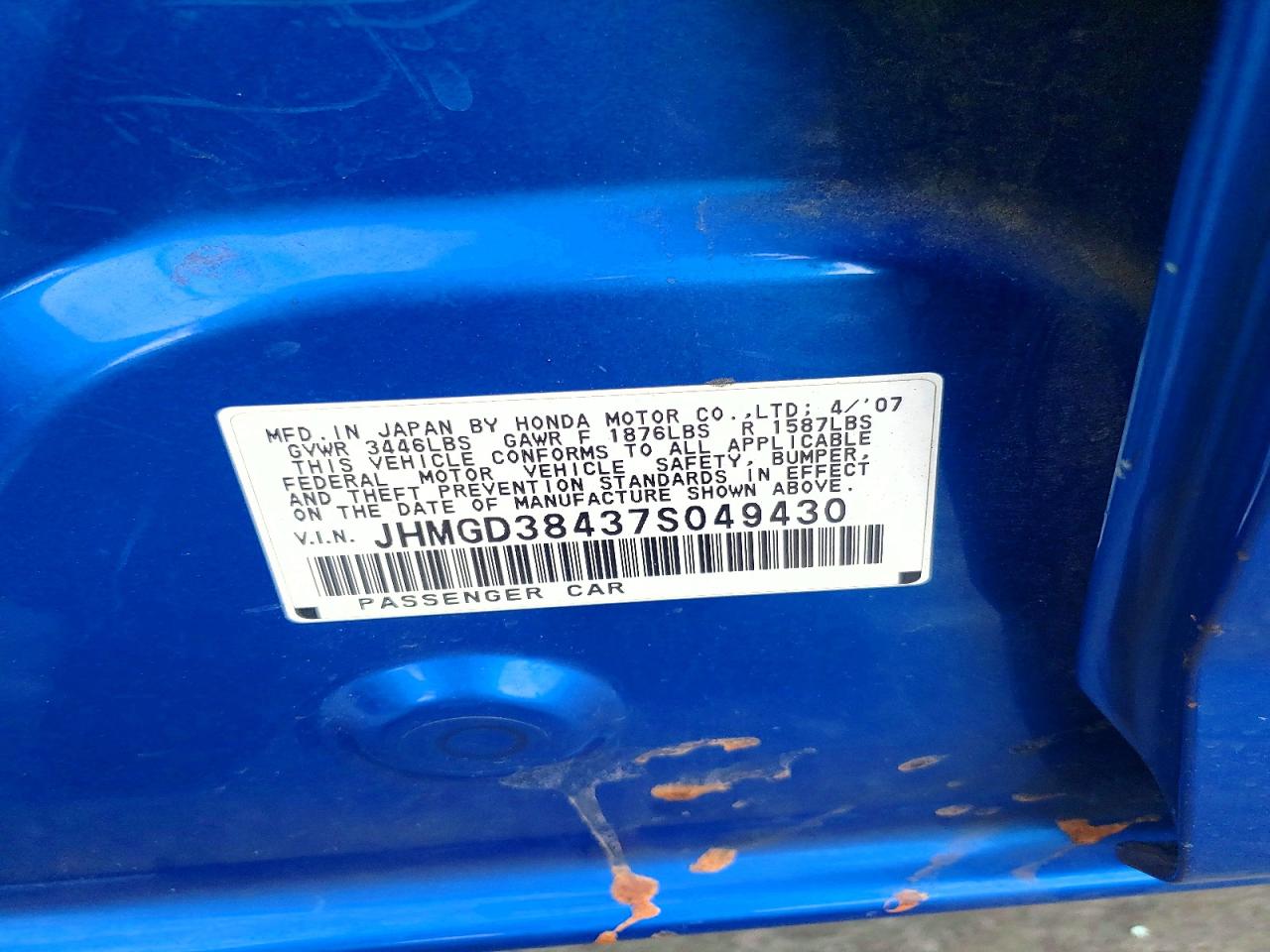 2007 Honda Fit Blue vin: JHMGD38437S049430