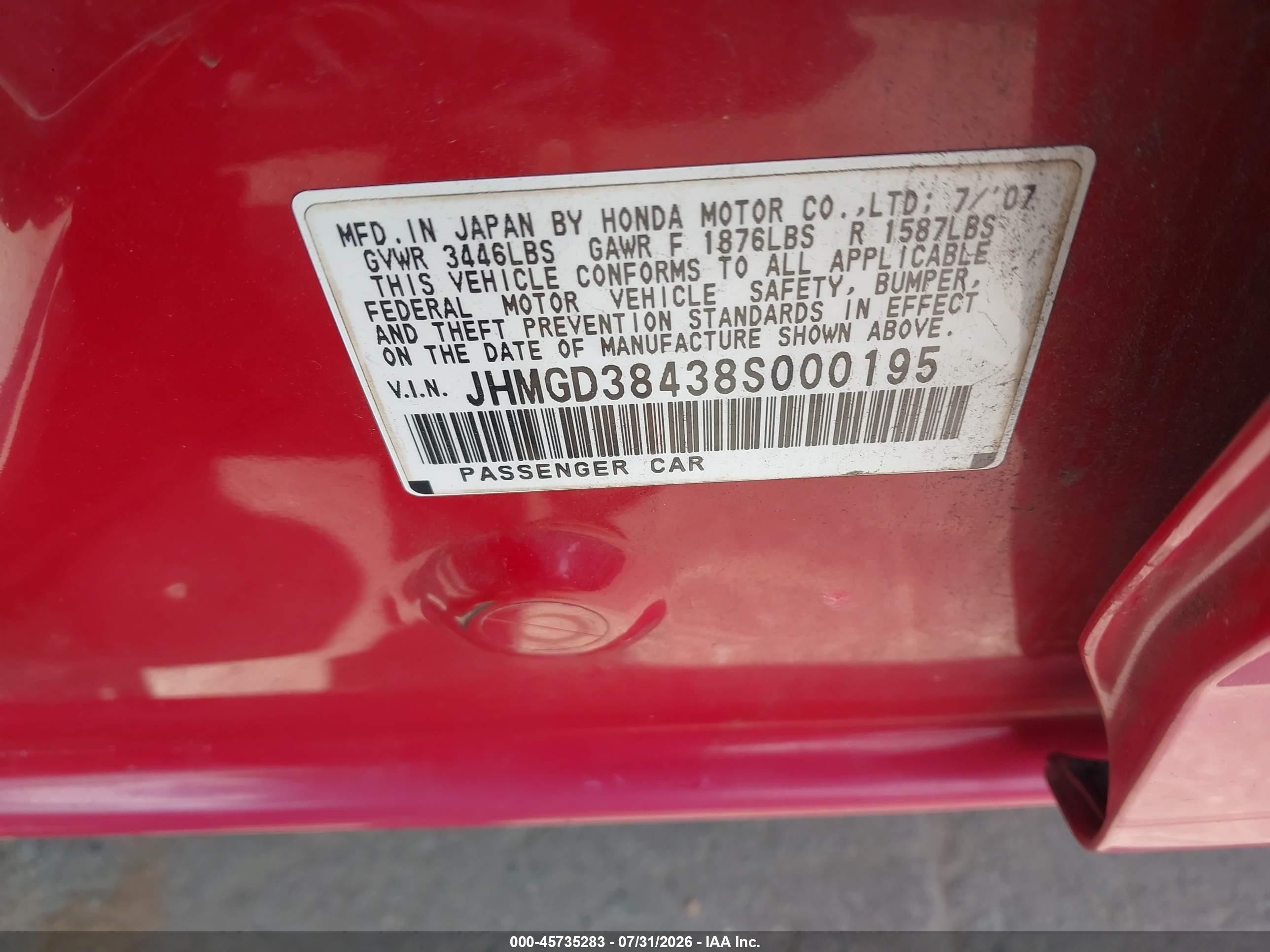 2008 Honda Fit   Red vin: JHMGD38438S000195