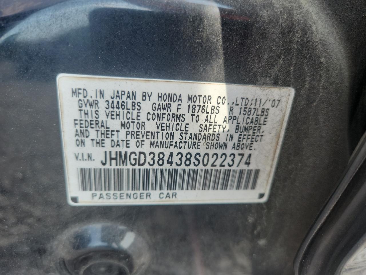 2008 Honda Fit Black vin: JHMGD38438S022374