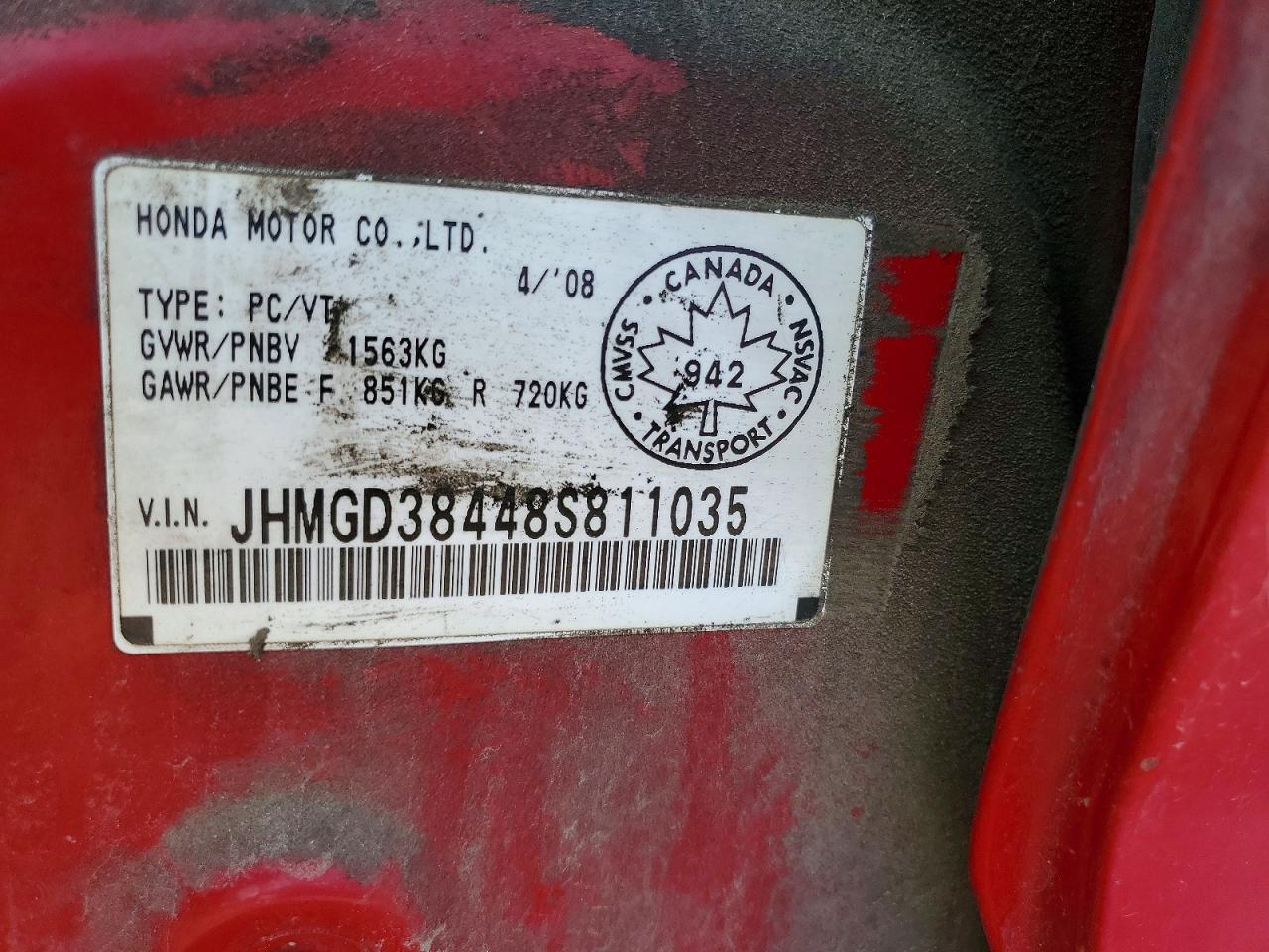 2008 Honda Fit Red vin: JHMGD38448S811035