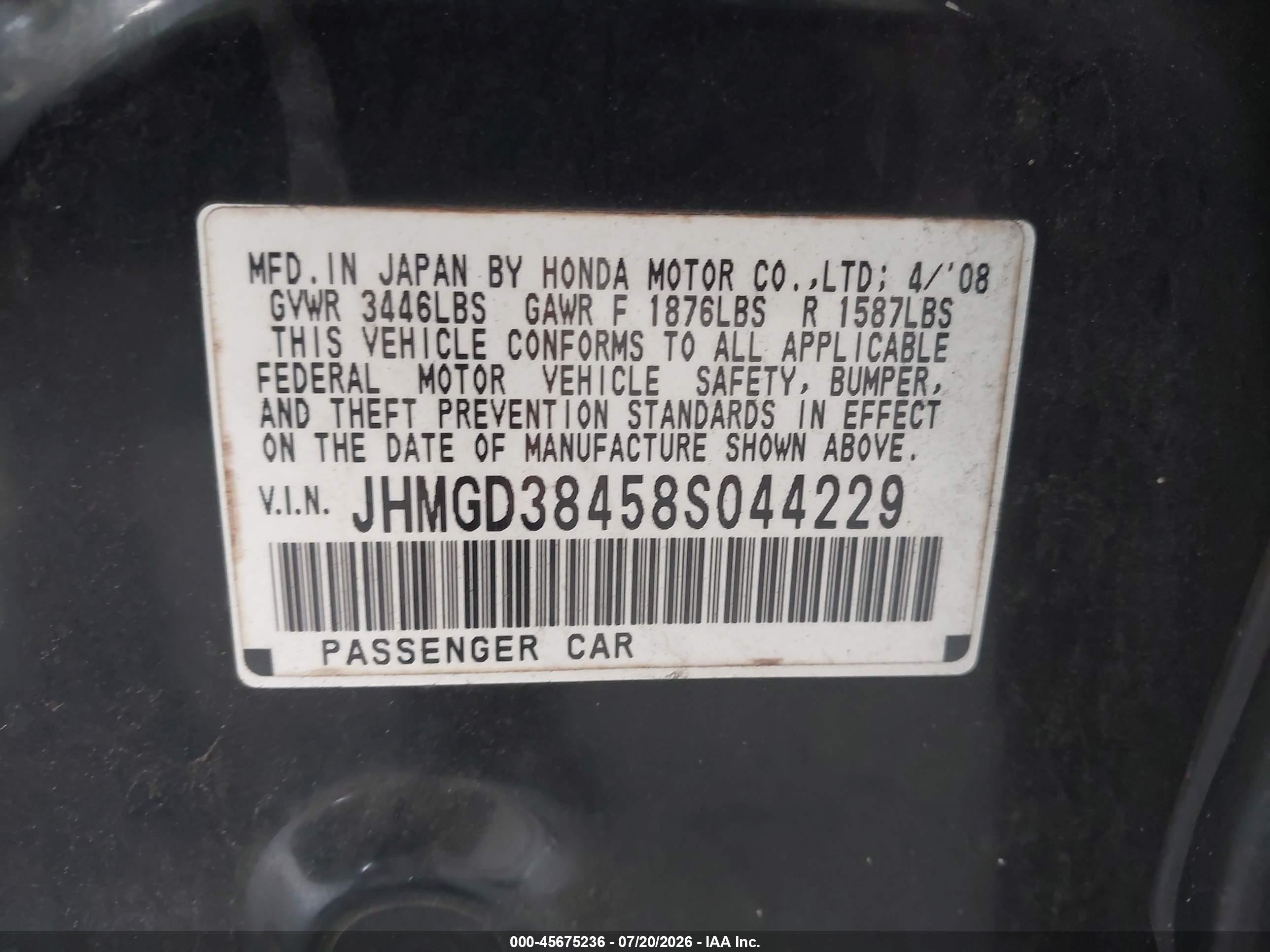 2008 Honda Fit   Black vin: JHMGD38458S044229