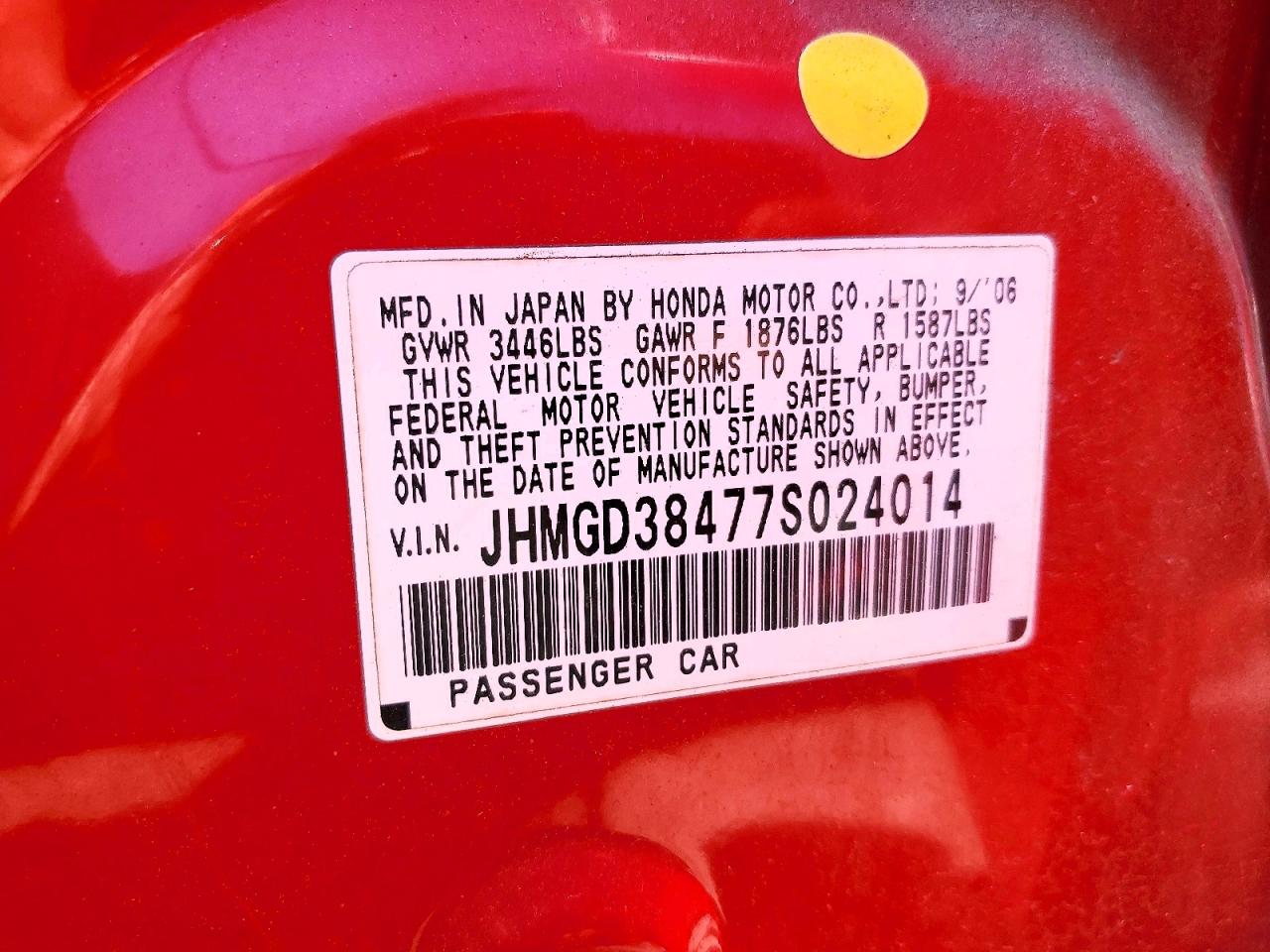 2007 Honda Fit Red vin: JHMGD38477S024014
