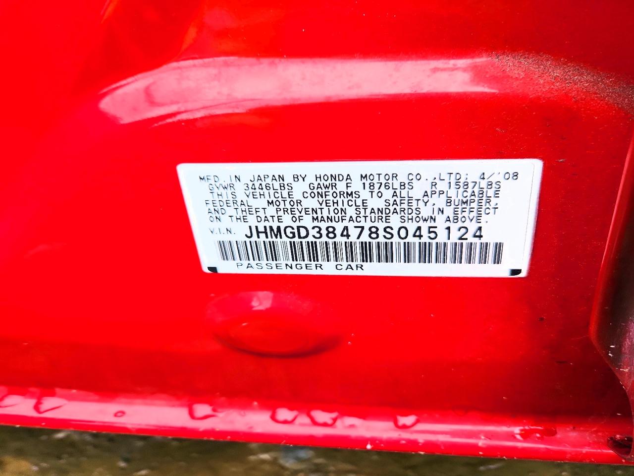 2008 Honda Fit Red vin: JHMGD38478S045124