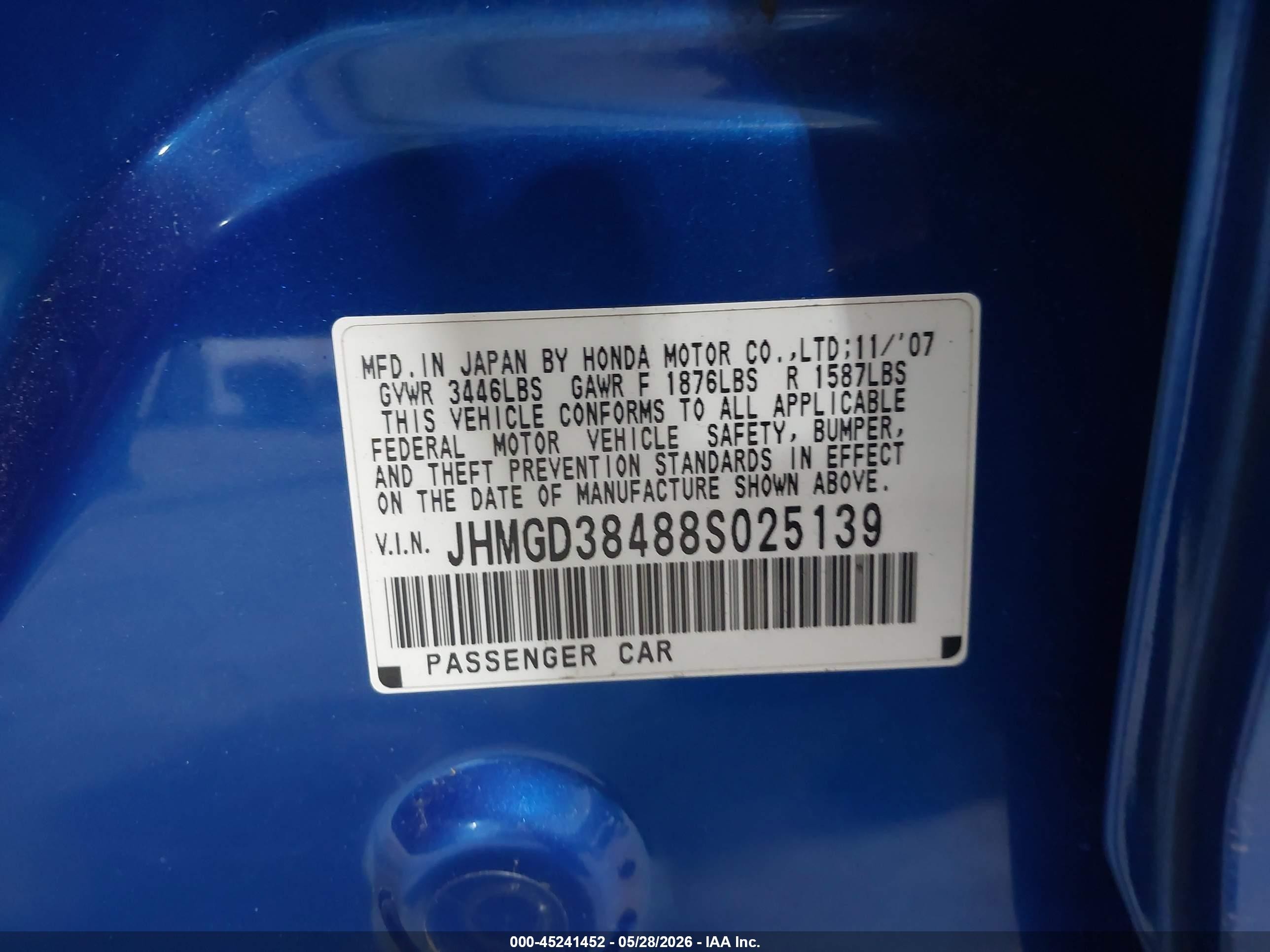 2008 Honda Fit   Blue vin: JHMGD38488S025139