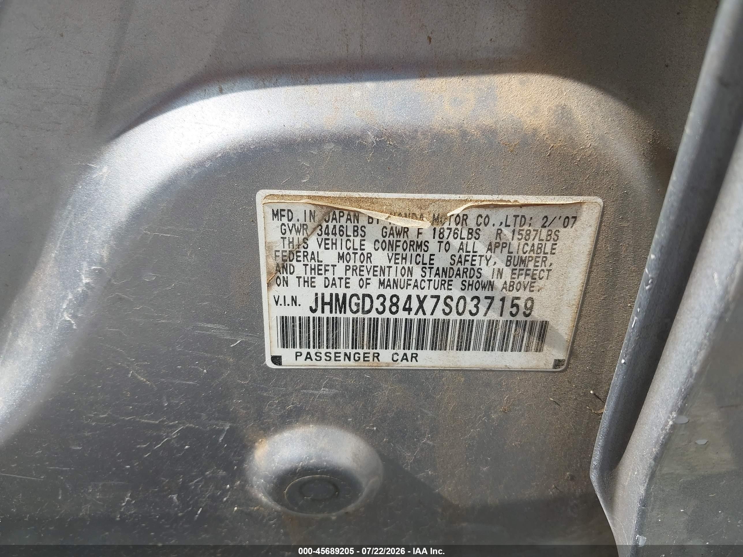 2007 Honda Fit   Silver vin: JHMGD384X7S037159