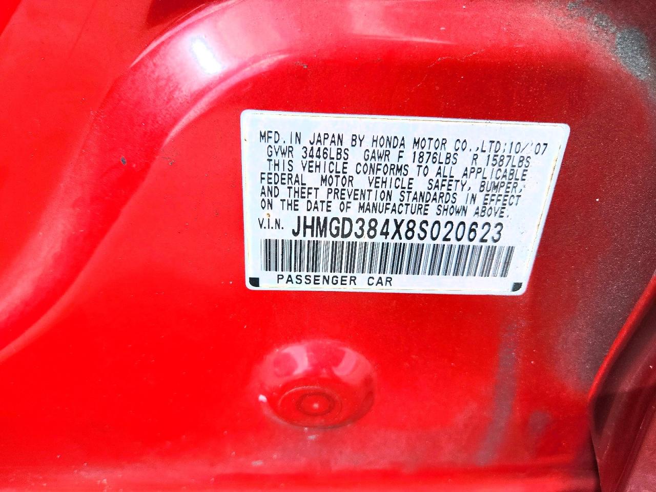 2008 Honda Fit Red vin: JHMGD384X8S020623