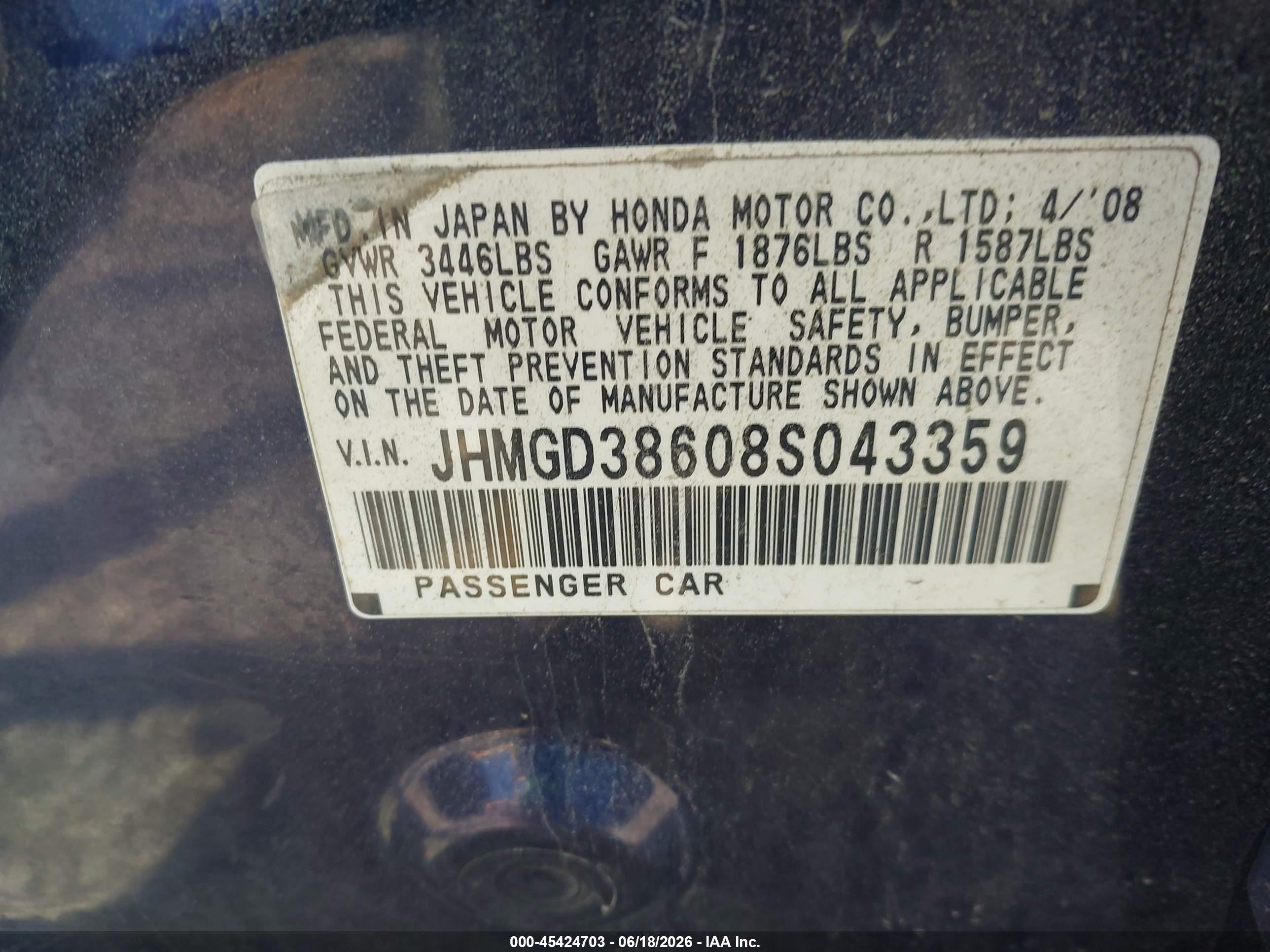 2008 Honda Fit Sport Blue vin: JHMGD38608S043359