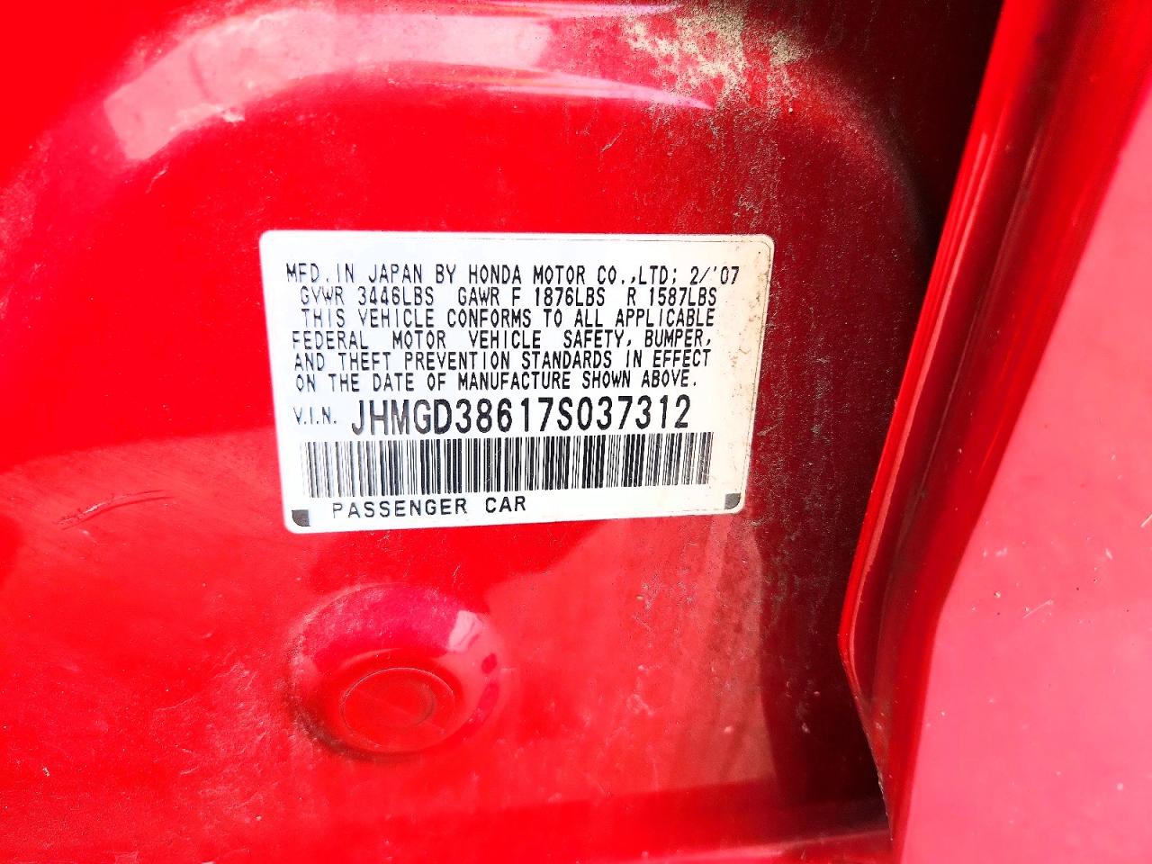 2007 Honda Fit S Red vin: JHMGD38617S037312