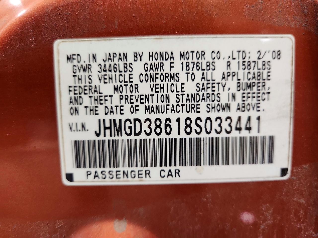 2008 Honda Fit Sport Orange vin: JHMGD38618S033441