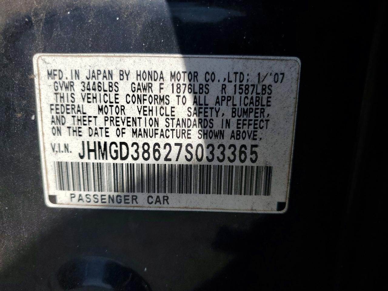 2007 Honda Fit S Black vin: JHMGD38627S033365