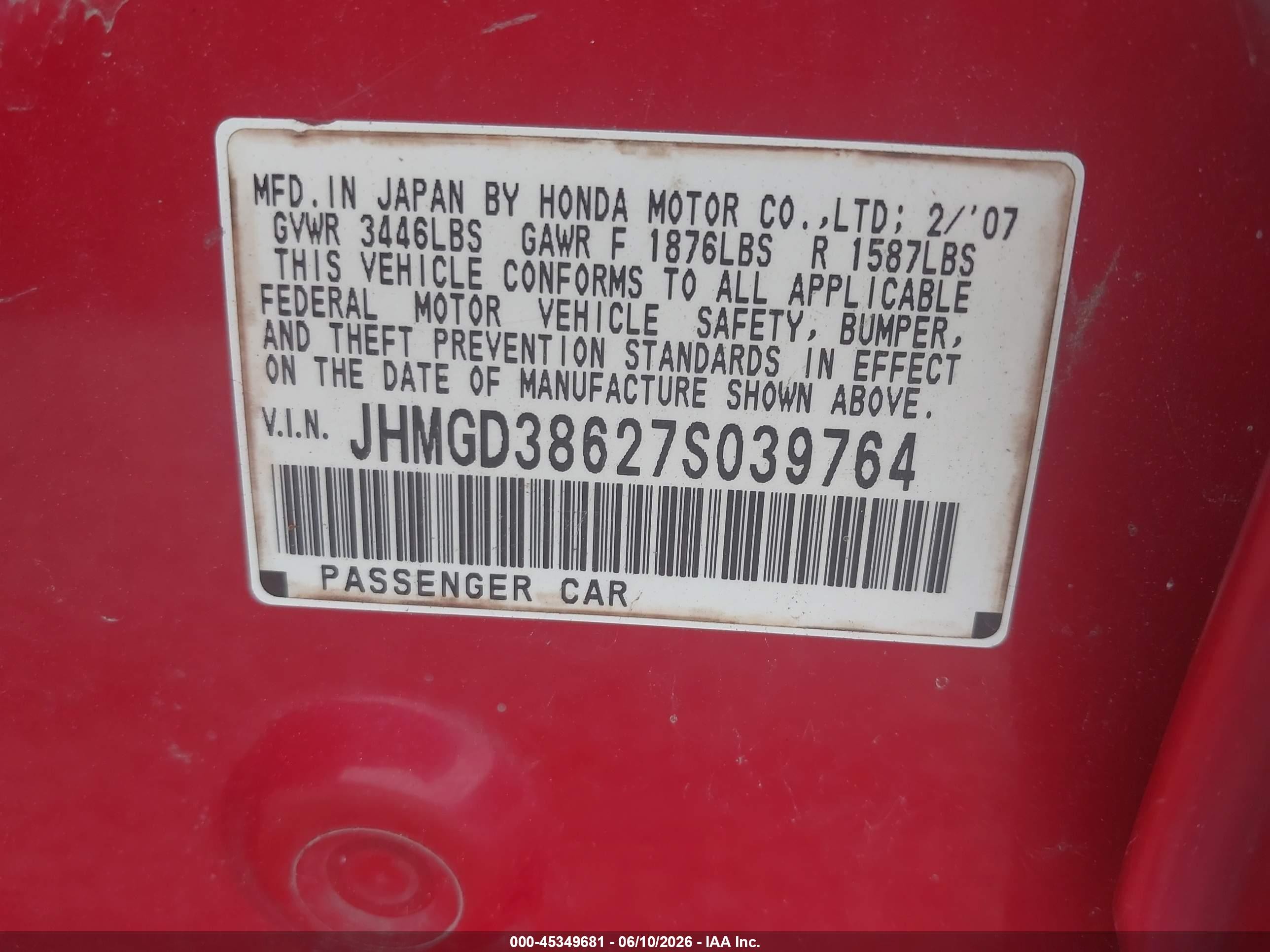 2007 Honda Fit Sport Red vin: JHMGD38627S039764