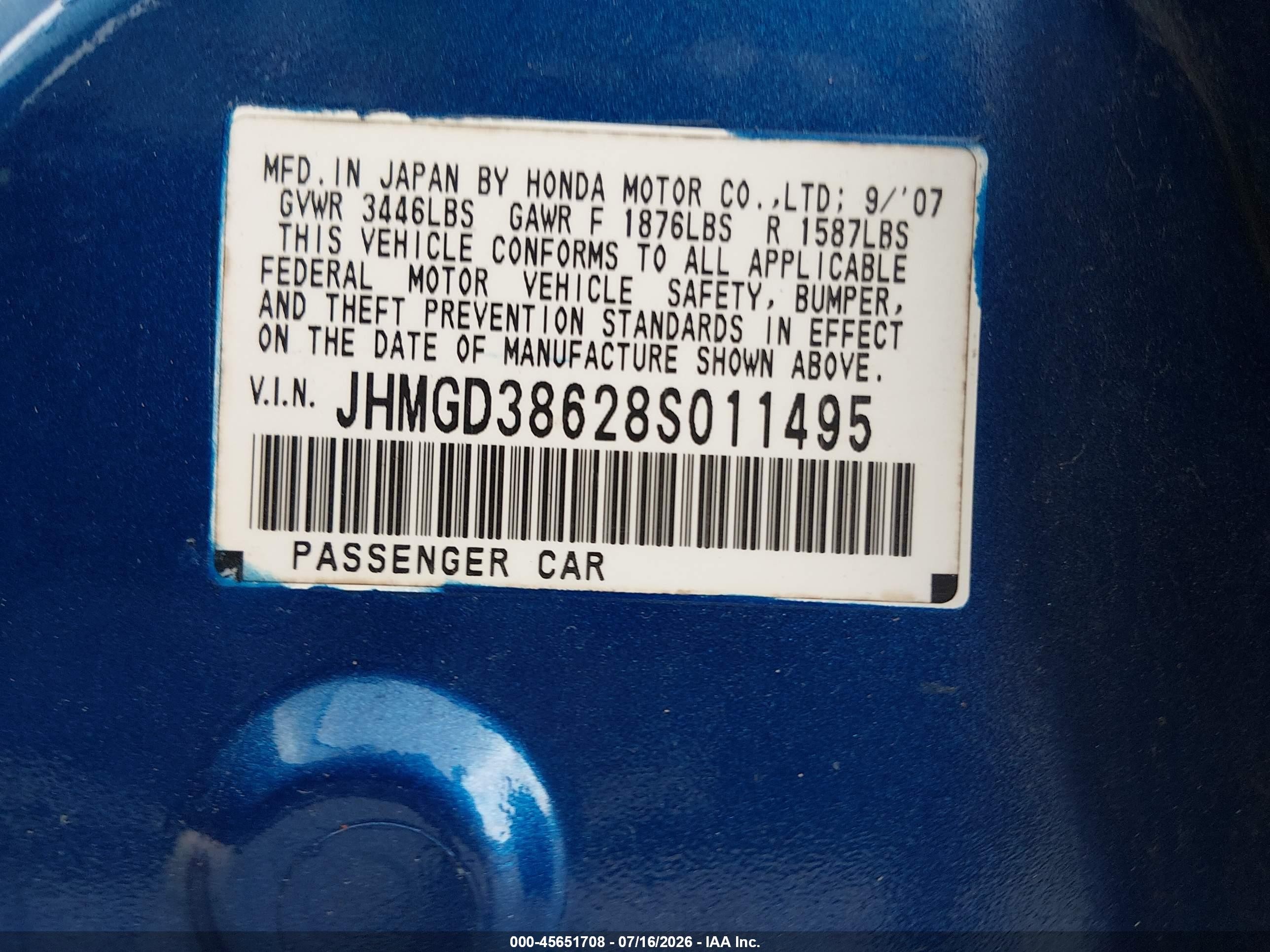 2008 Honda Fit Sport Blue vin: JHMGD38628S011495