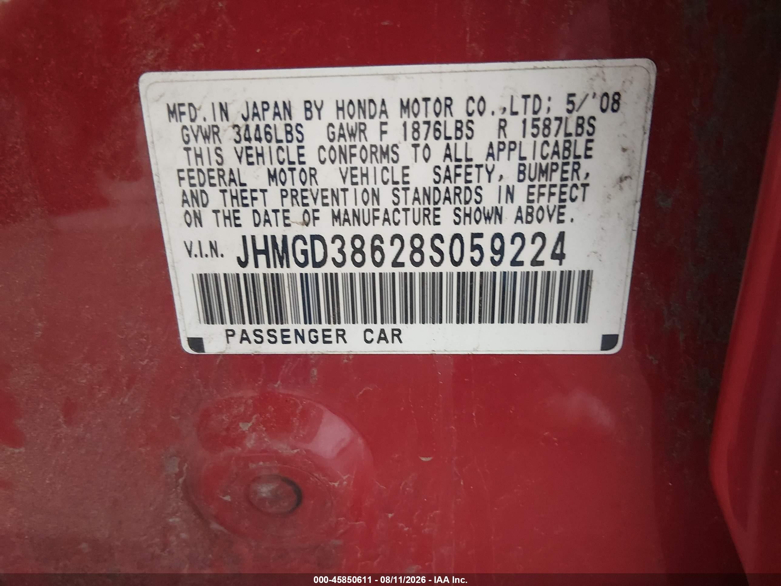2008 Honda Fit Sport Red vin: JHMGD38628S059224