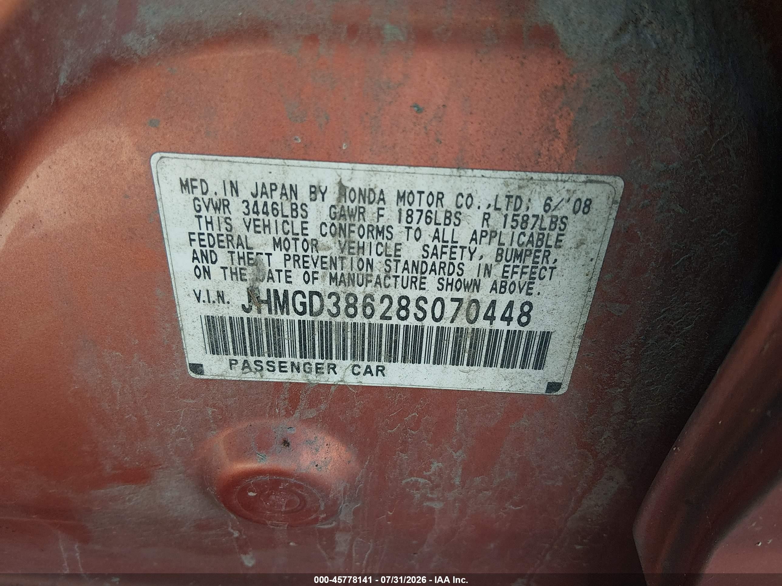 2008 Honda Fit Sport Оранжевый vin: JHMGD38628S070448