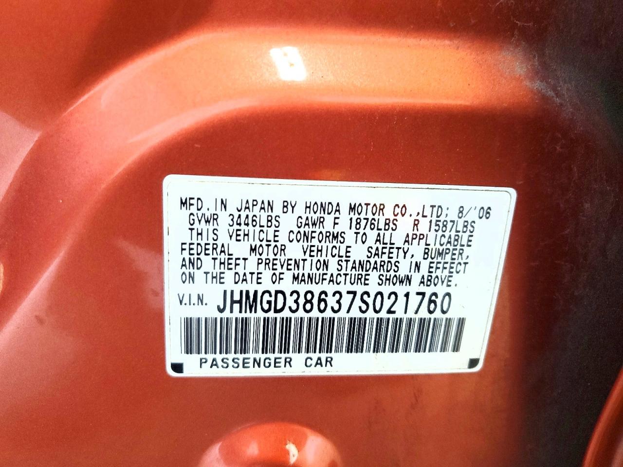 2007 Honda Fit S Orange vin: JHMGD38637S021760