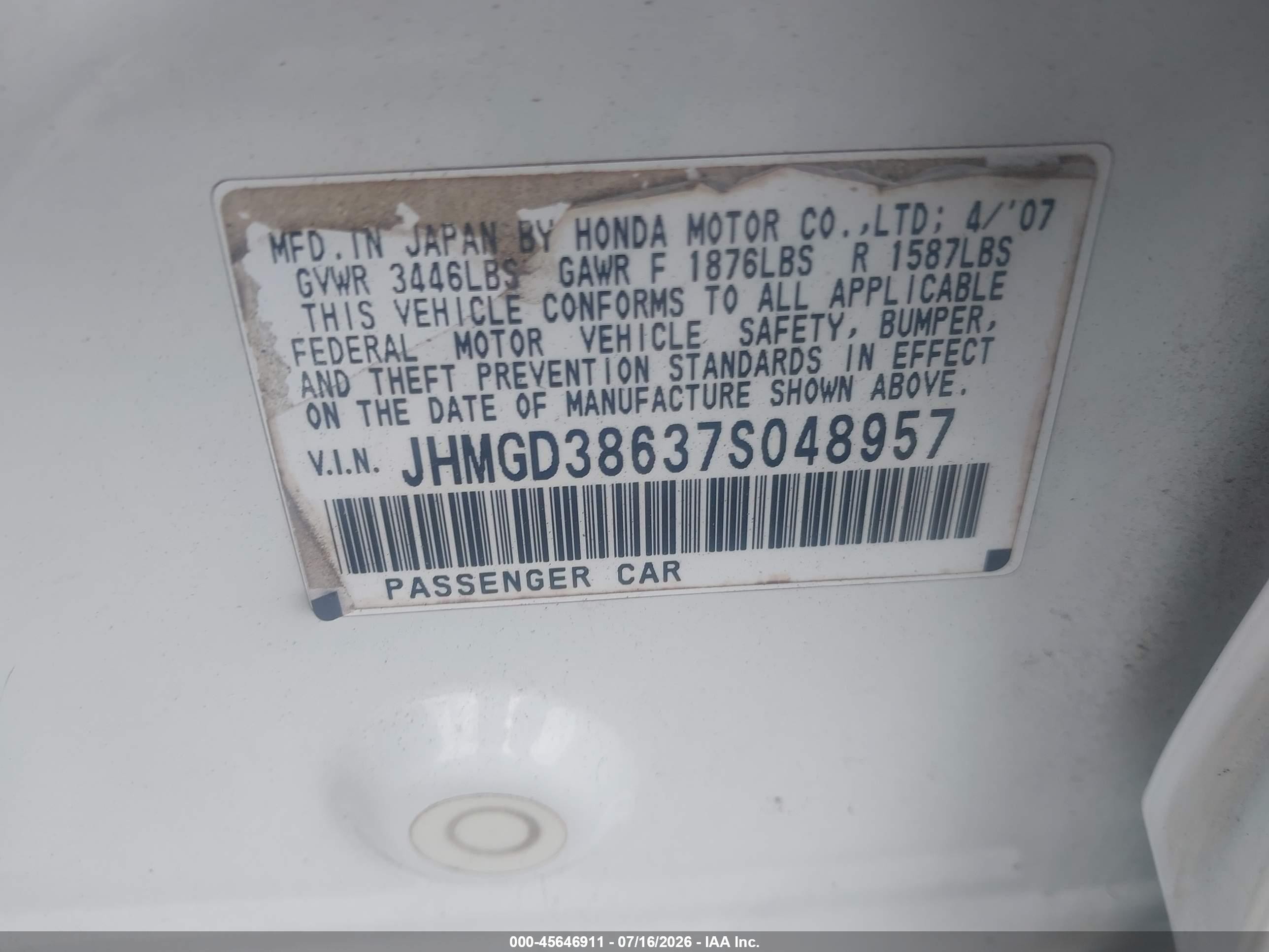 2007 Honda Fit Sport White vin: JHMGD38637S048957