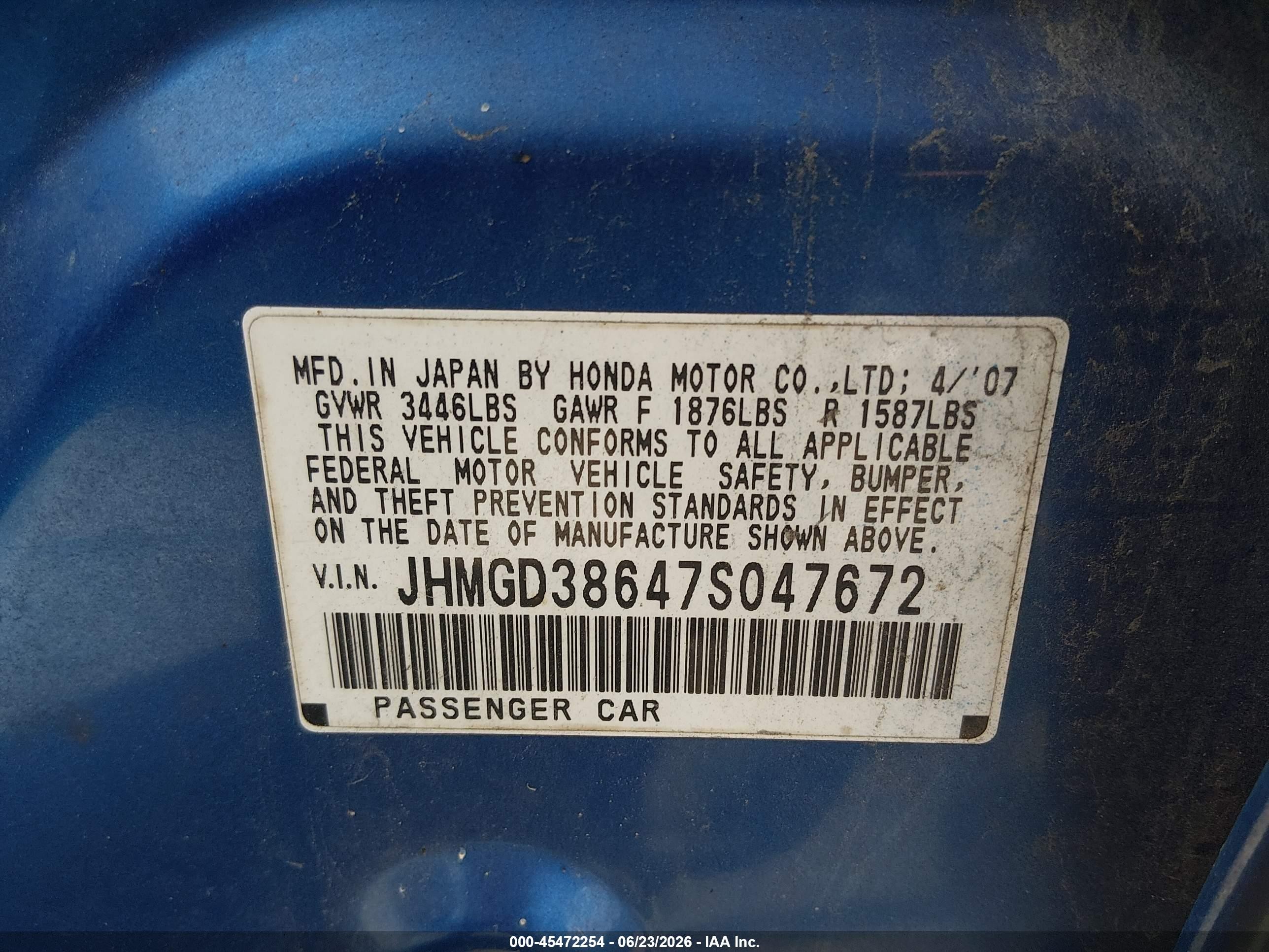 2007 Honda Fit Sport Blue vin: JHMGD38647S047672