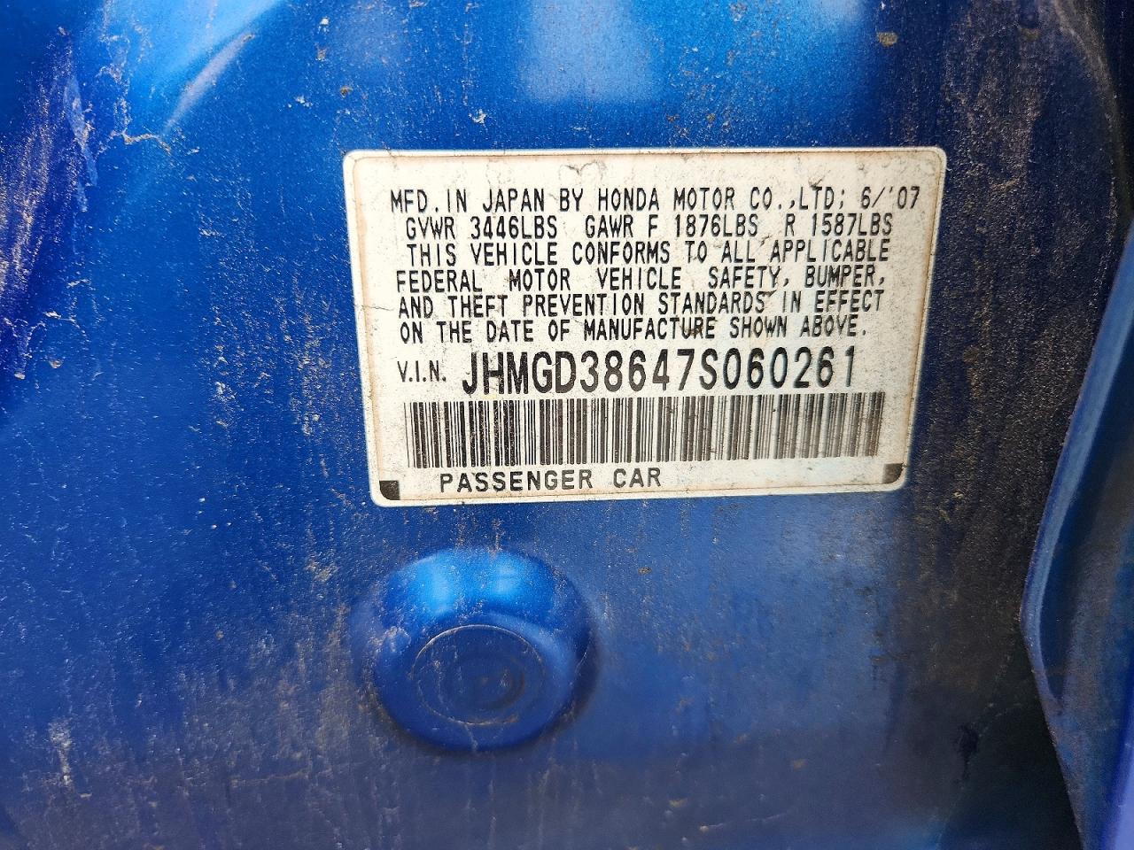2007 Honda Fit S Blue vin: JHMGD38647S060261