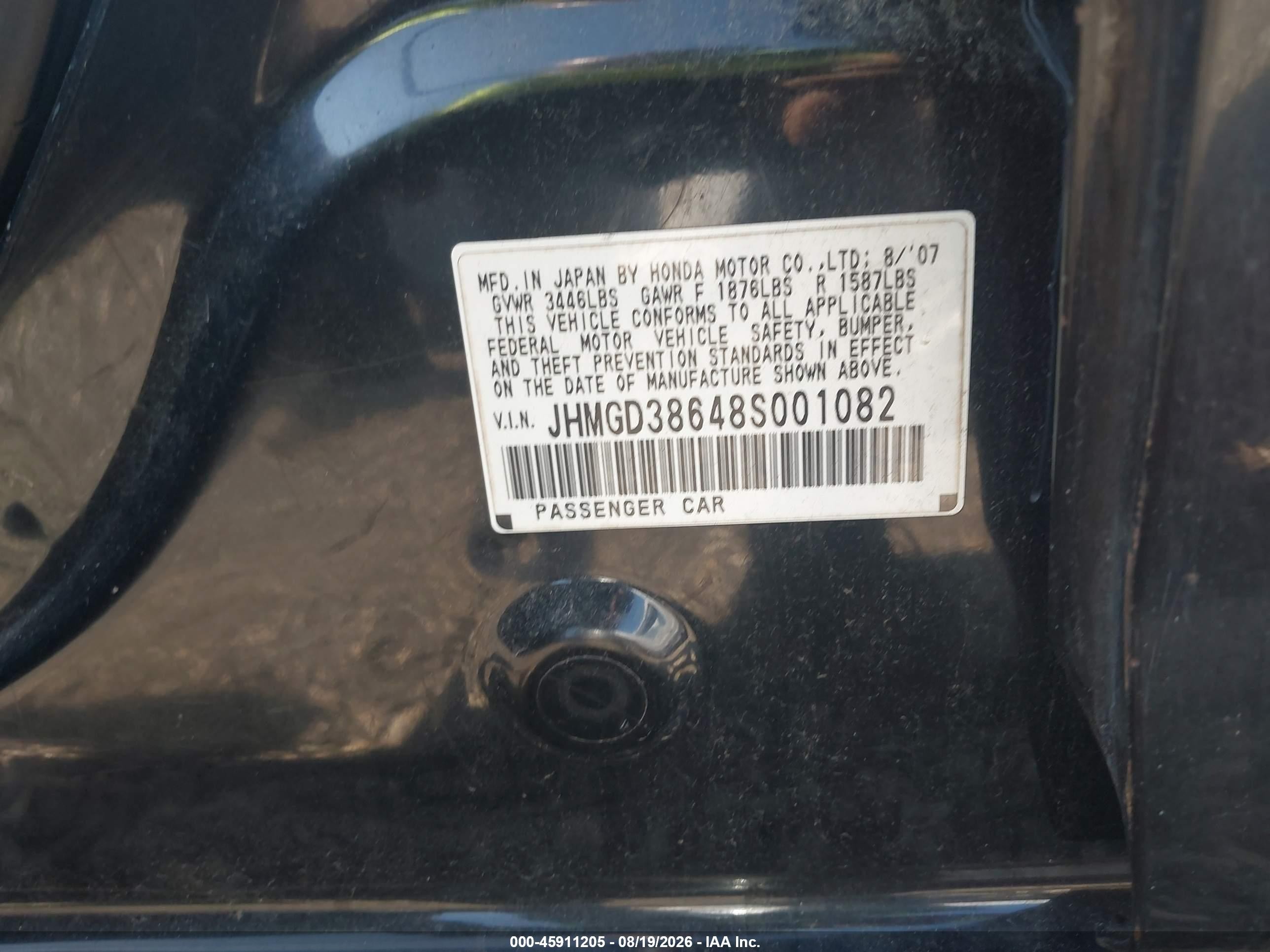 2008 Honda Fit Sport Black vin: JHMGD38648S001082