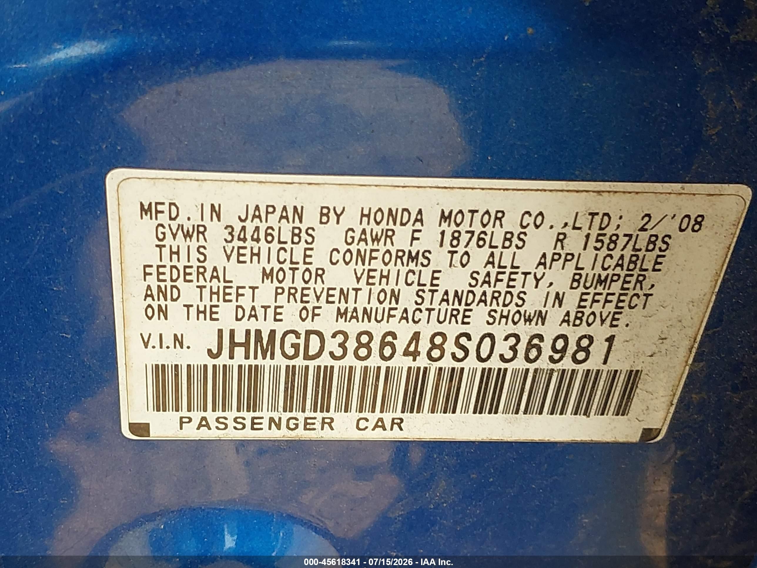2008 Honda Fit Sport Blue vin: JHMGD38648S036981