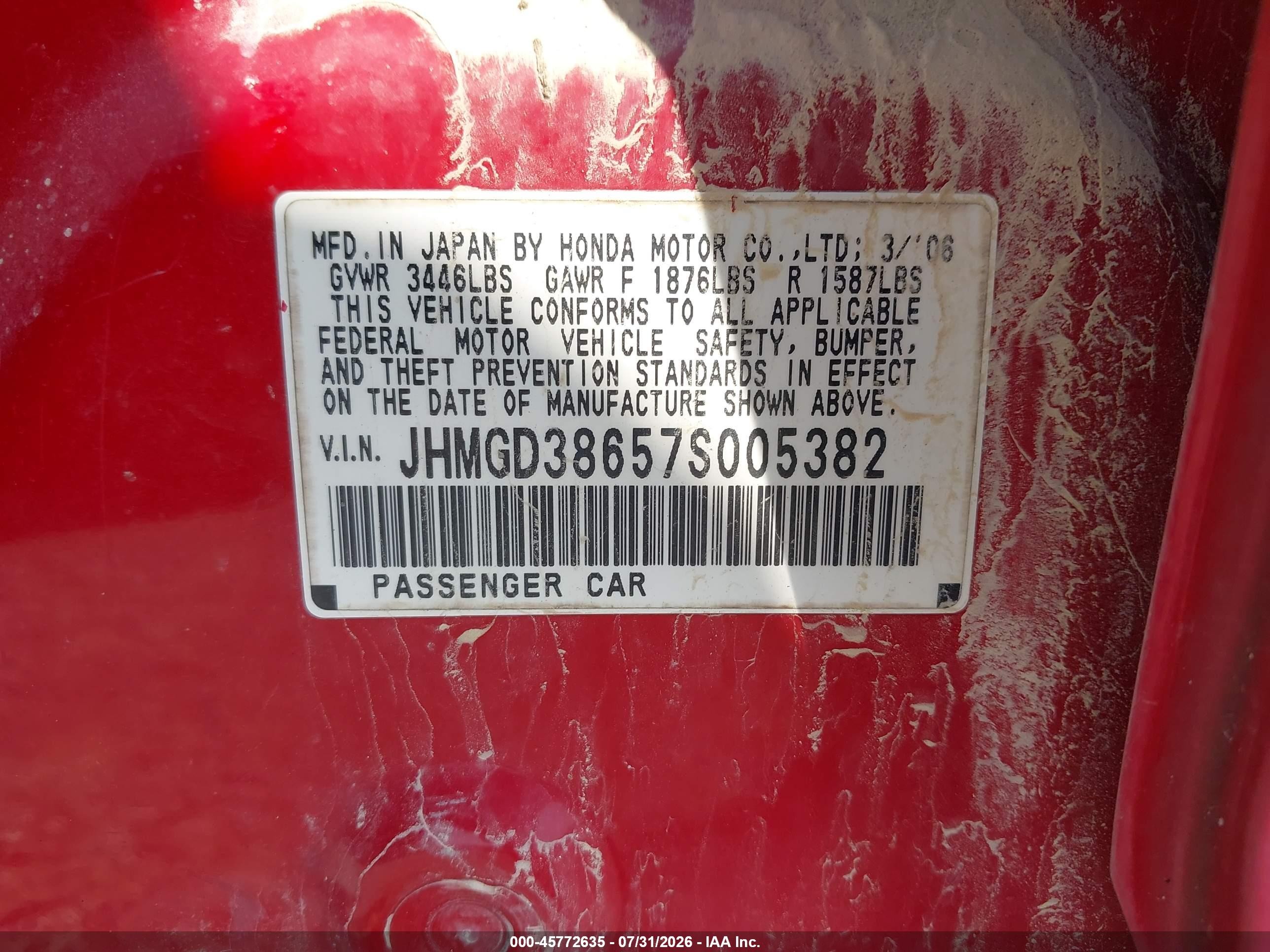 2007 Honda Fit Sport Red vin: JHMGD38657S005382