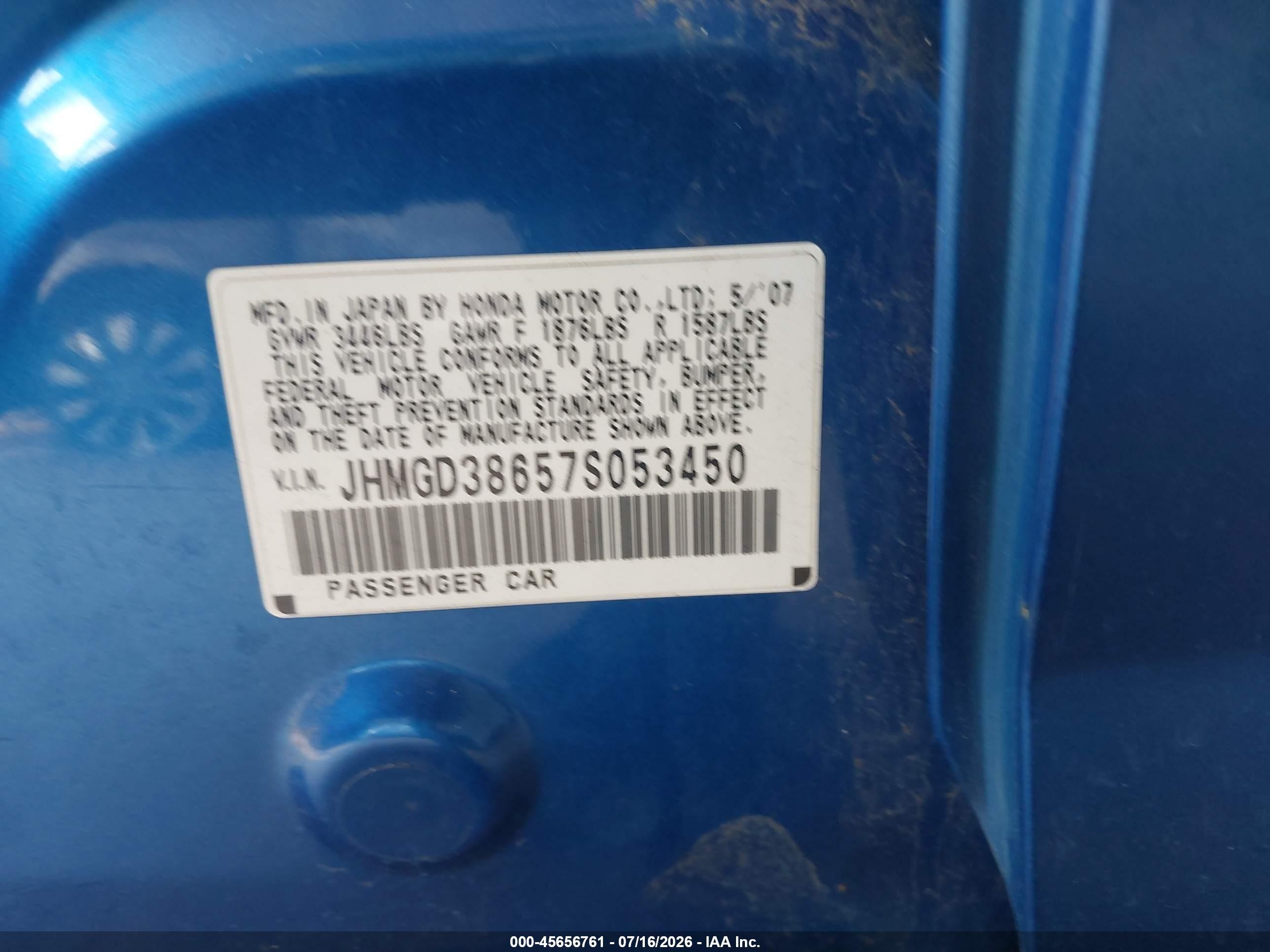 2007 Honda Fit Sport Blue vin: JHMGD38657S053450
